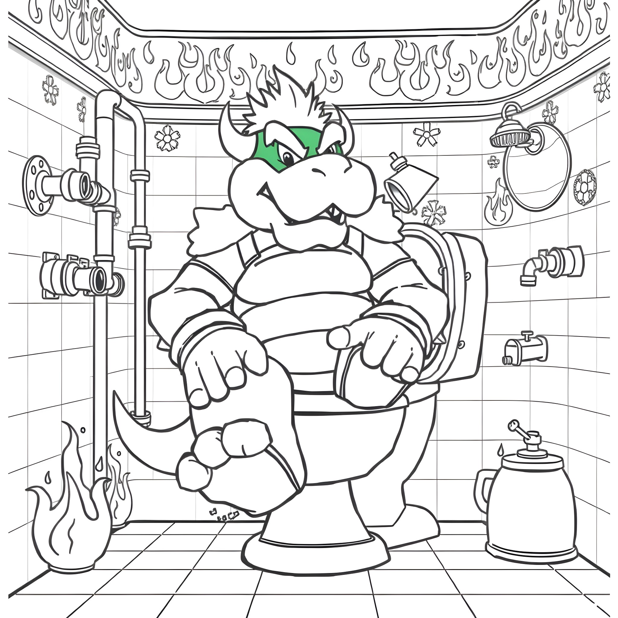 Bowser relaxing in a fiery bathroom Coloring Page (free black-and-white line drawing printable PDF for all, from beginners to advanced learners, including children, teens, adults, and seniors)