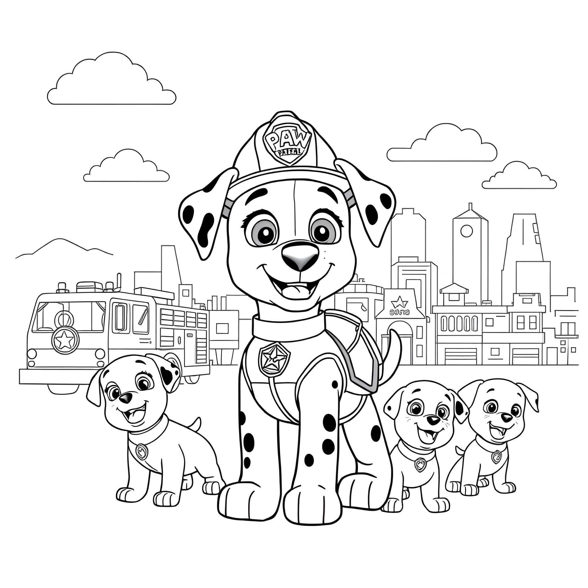 Marshal and the Paw Patrol team in the city Coloring Page (free black-and-white line drawing printable PDF for all, from beginners to advanced learners, including children, teens, adults, and seniors)