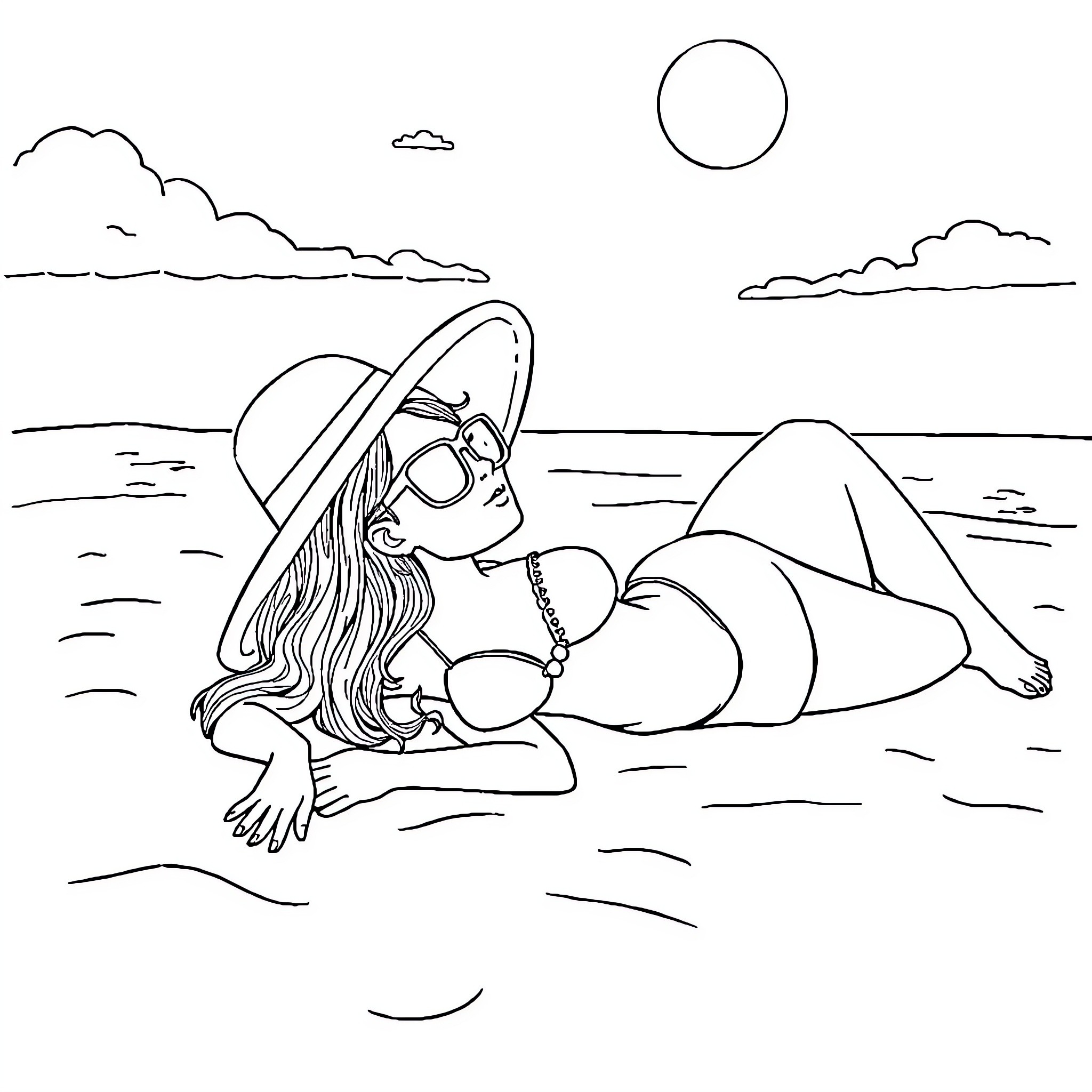 Summer Smith relaxing on the beach Coloring Page (free black-and-white line drawing printable PDF for all, from beginners to advanced learners, including children, teens, adults, and seniors)