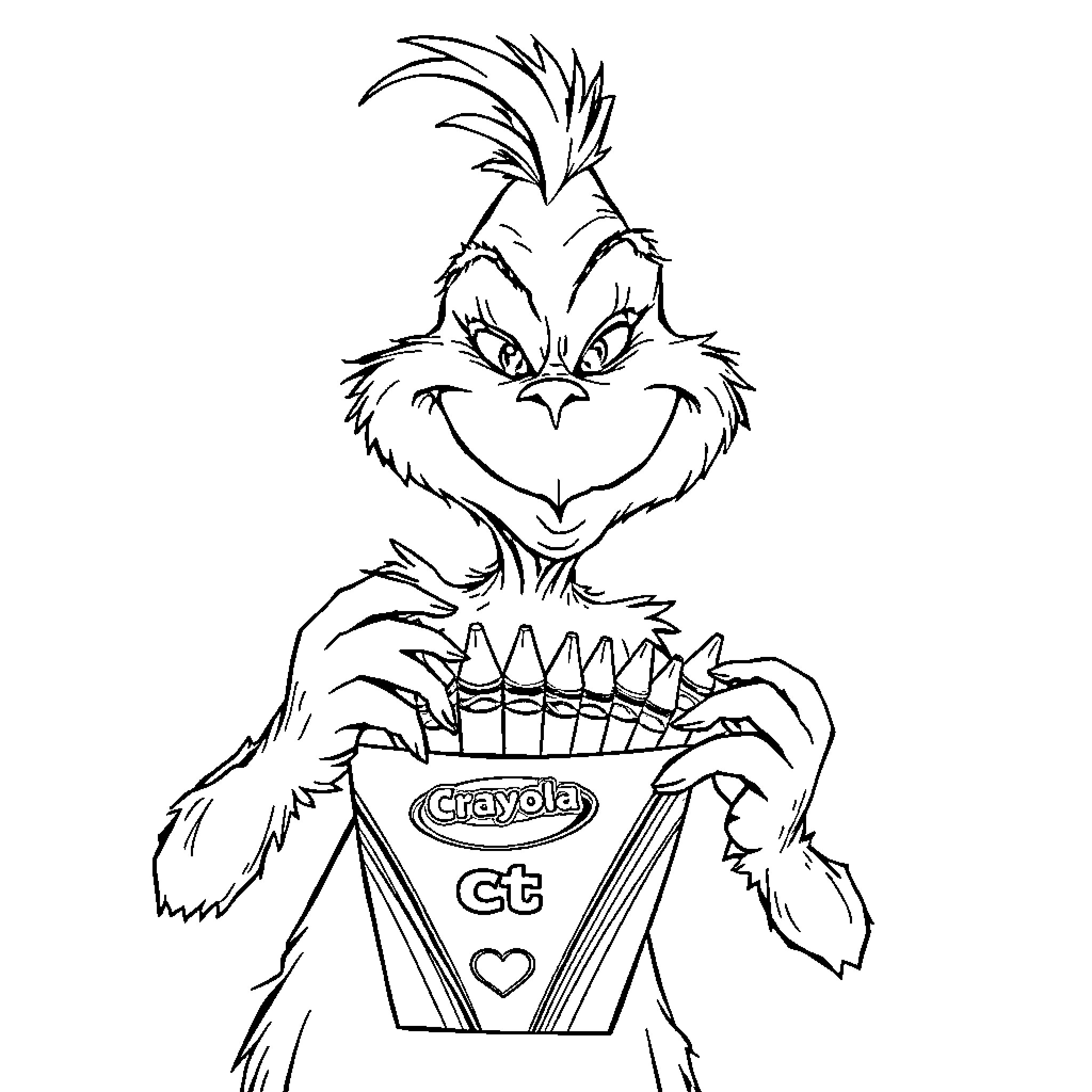 Grinch happily holding a Crayola box Coloring Page (free black-and-white line drawing printable PDF for all, from beginners to advanced learners, including children, teens, adults, and seniors)