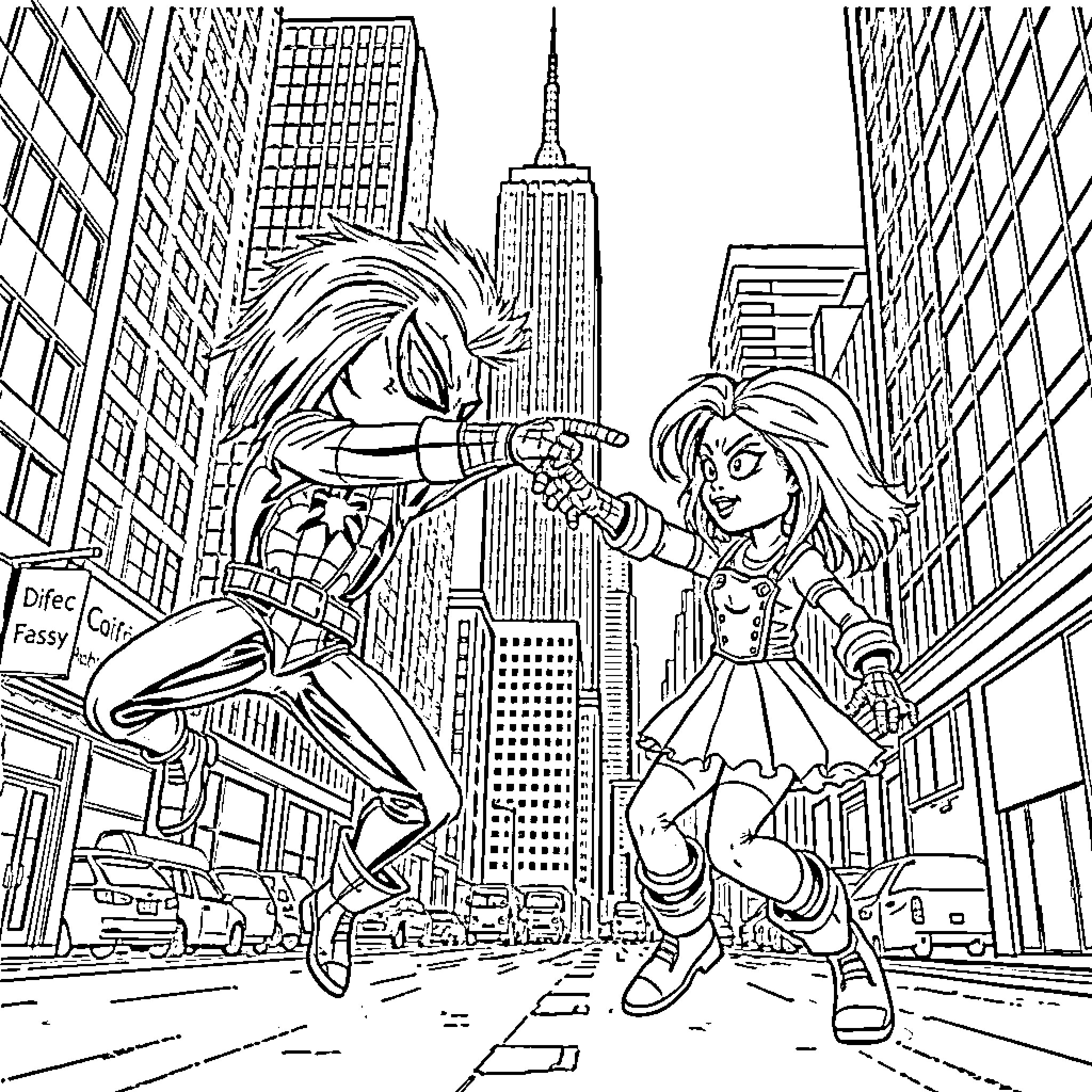 Chucky and Doll Causing Chaos in the City Coloring Page (free black-and-white line drawing printable PDF for all, from beginners to advanced learners, including children, teens, adults, and seniors)