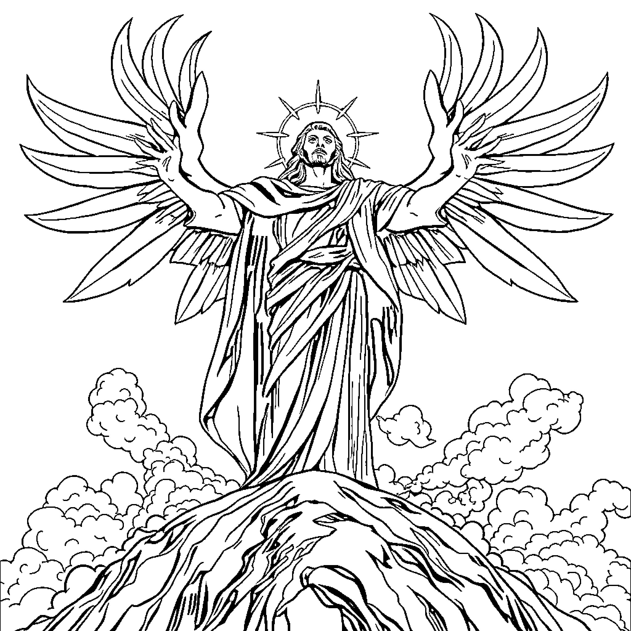 God of Mercy Ascending Amidst the Clouds Coloring Page (free black-and-white line drawing printable PDF for all, from beginners to advanced learners, including children, teens, adults, and seniors)