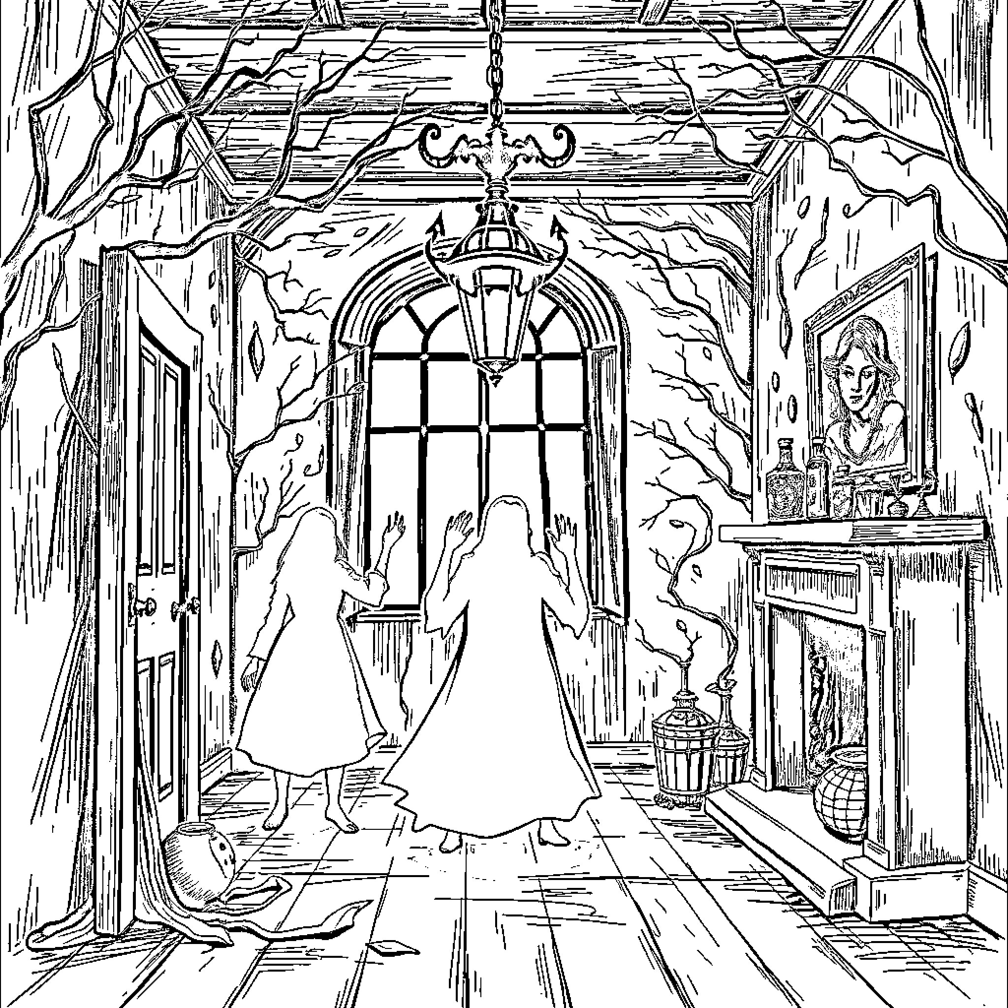 Les Noces Funebres: Ghostly Figures in a Dark Ceremony Coloring Page (free black-and-white line drawing printable PDF for all, from beginners to advanced learners, including children, teens, adults, and seniors)