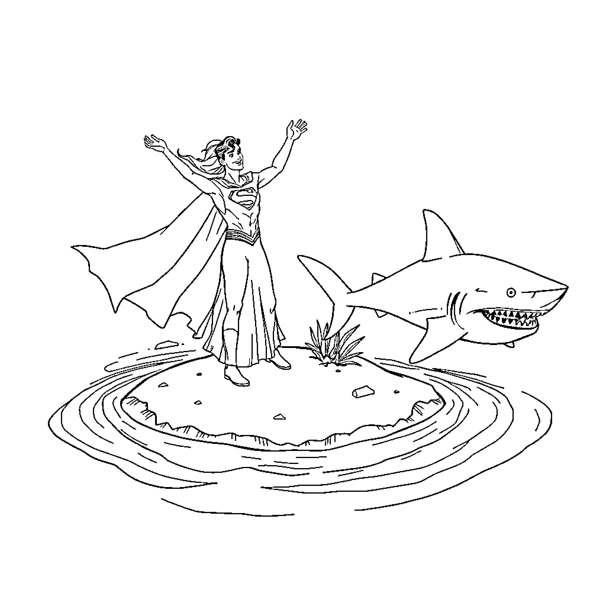 Elsa's Aquatic Adventure with a Fearsome Shark Coloring Page (free black-and-white line drawing printable PDF for all, from beginners to advanced learners, including children, teens, adults, and seniors)