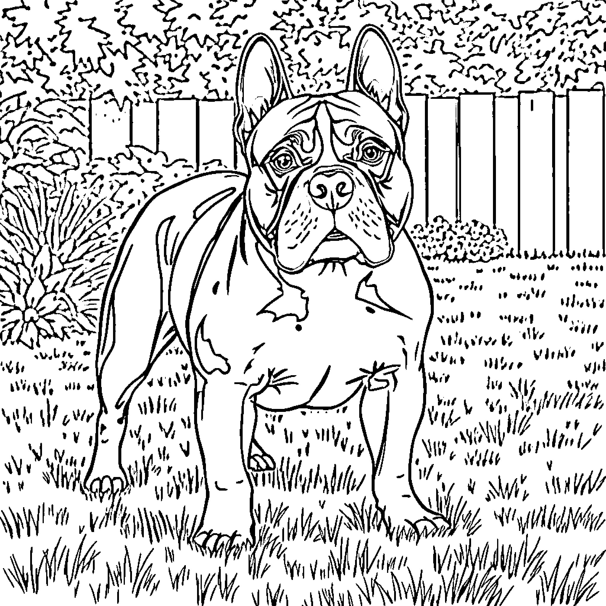 Bully dog standing aggressively in the yard Coloring Page (free black-and-white line drawing printable PDF for all, from beginners to advanced learners, including children, teens, adults, and seniors)