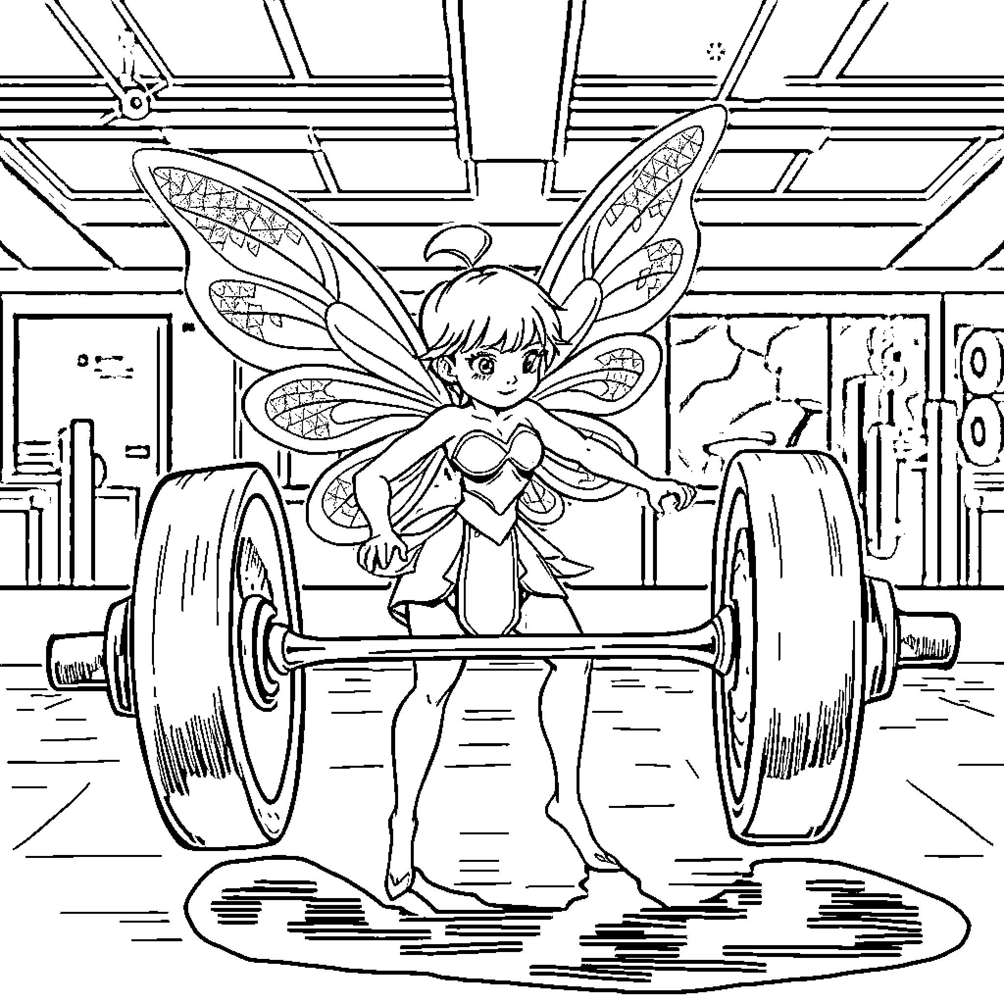Fairy Lifting Weights in Workout Room Coloring Page (free black-and-white line drawing printable PDF for all, from beginners to advanced learners, including children, teens, adults, and seniors)