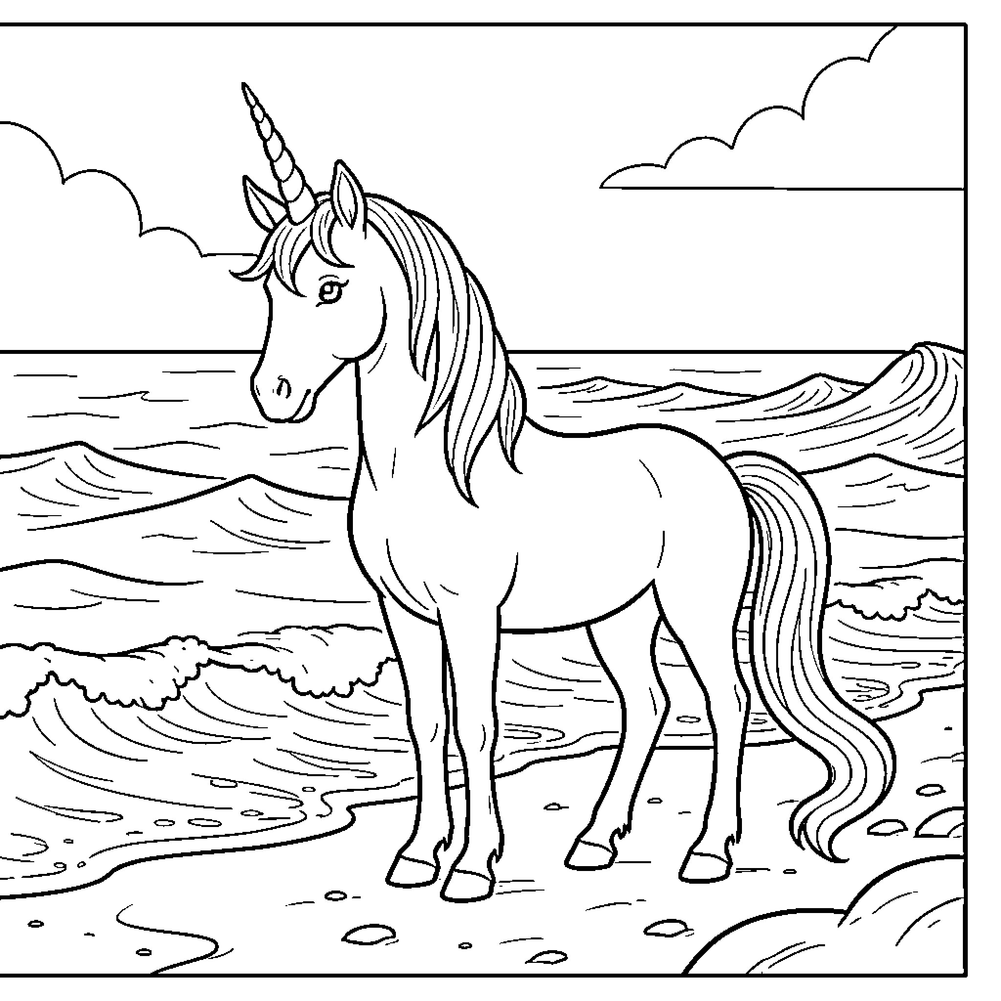 Unicorn standing peacefully on a beach by the ocean Coloring Page (free black-and-white line drawing printable PDF for all, from beginners to advanced learners, including children, teens, adults, and seniors)