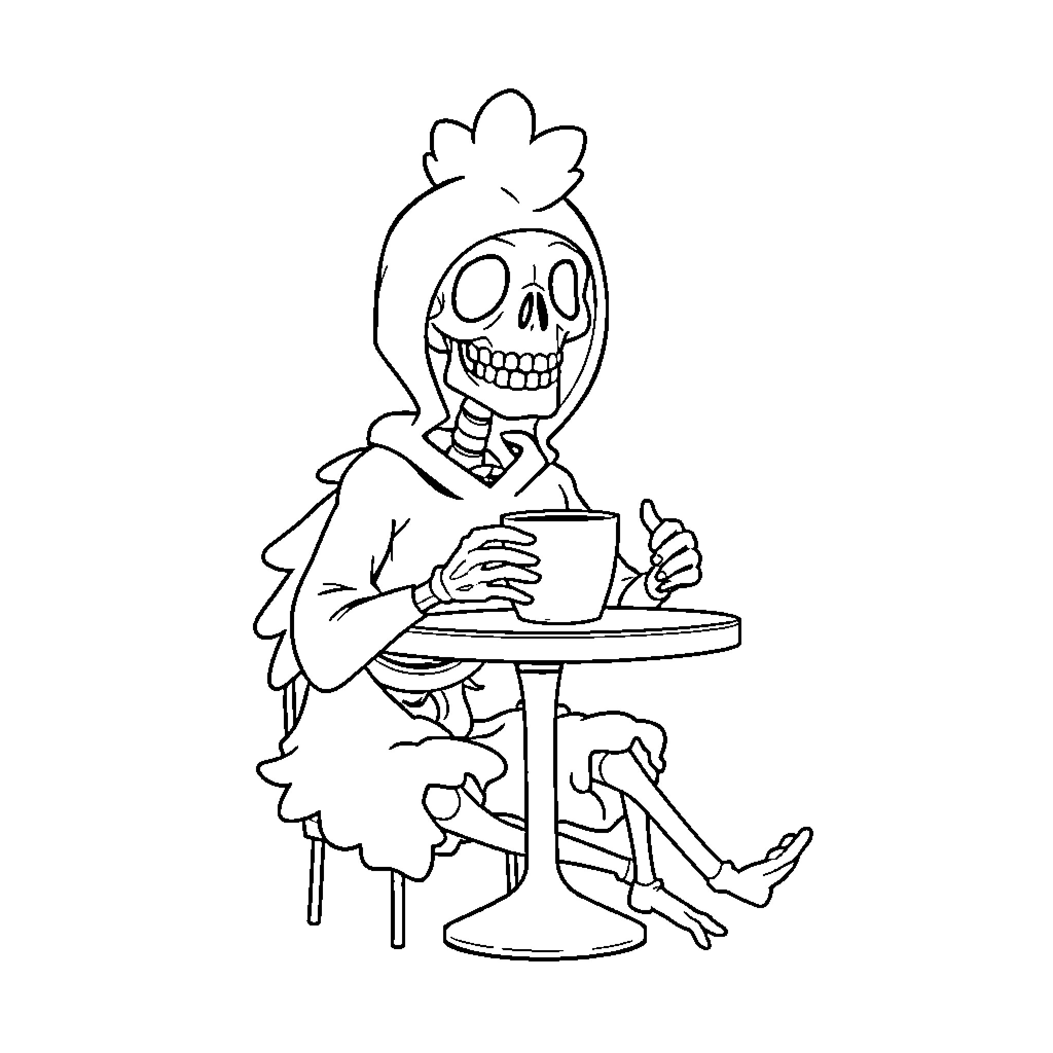 Skeleton enjoying a hot beverage at a cafe Coloring Page (free black-and-white line drawing printable PDF for all, from beginners to advanced learners, including children, teens, adults, and seniors)