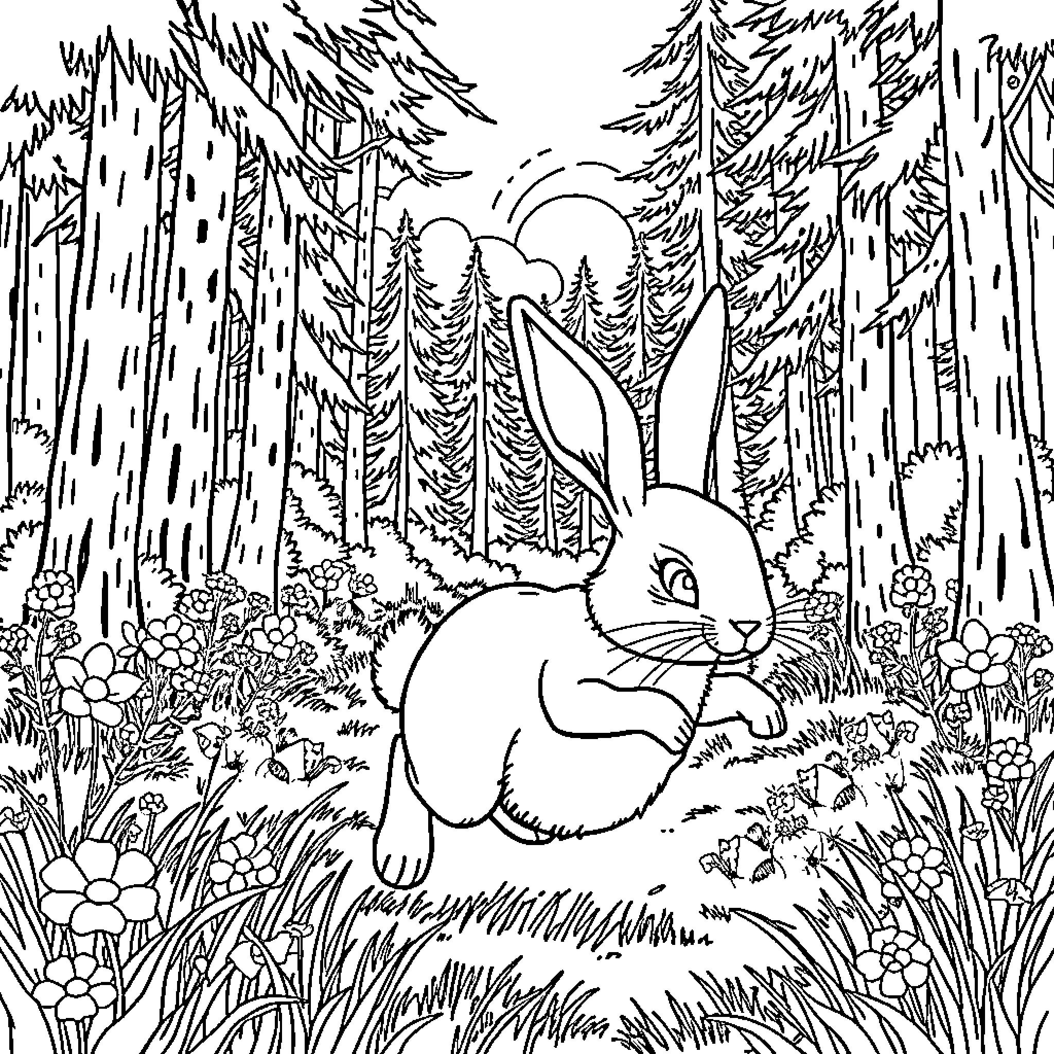 Bunny exploring the enchanted forest Coloring Page (free black-and-white line drawing printable PDF for all, from beginners to advanced learners, including children, teens, adults, and seniors)