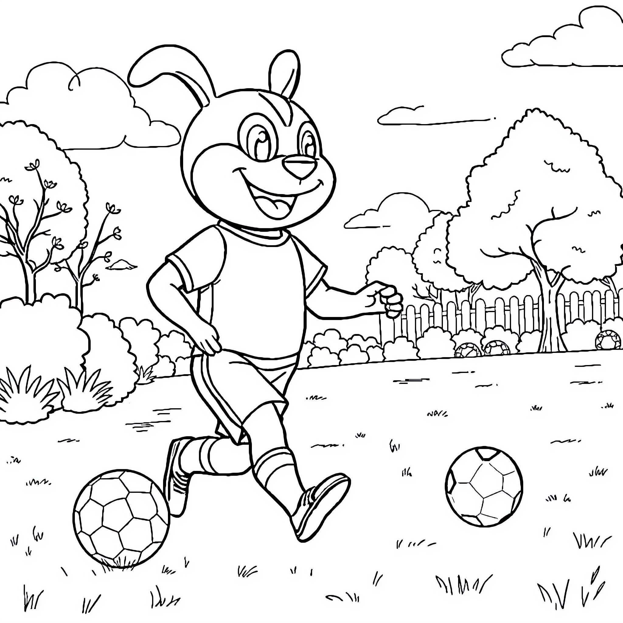 Patrouille of playful cartoon character with sports equipment Coloring Page (free black-and-white line drawing printable PDF for all, from beginners to advanced learners, including children, teens, adults, and seniors)