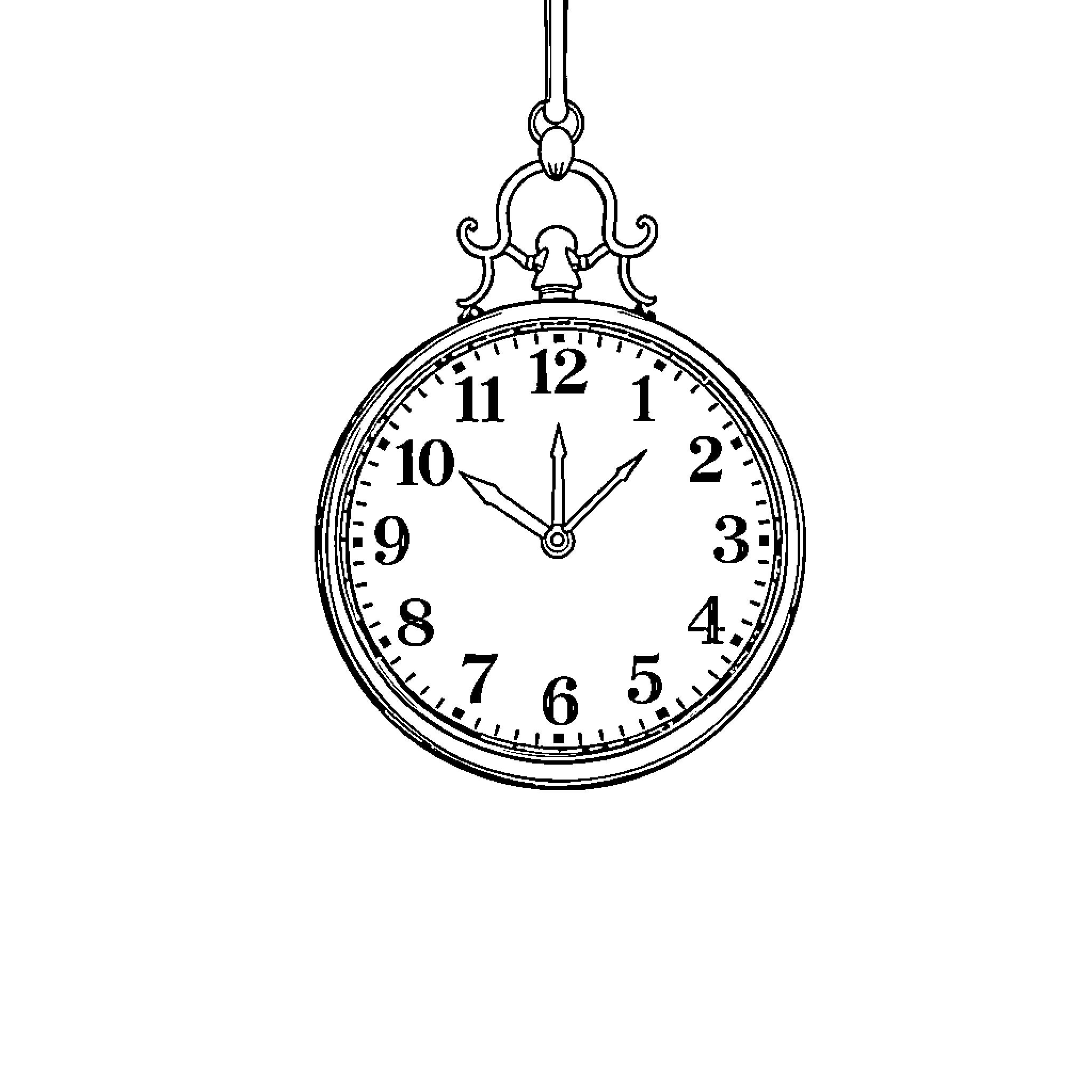 Clock face with hanging chain Coloring Page (free black-and-white line drawing printable PDF for all, from beginners to advanced learners, including children, teens, adults, and seniors)