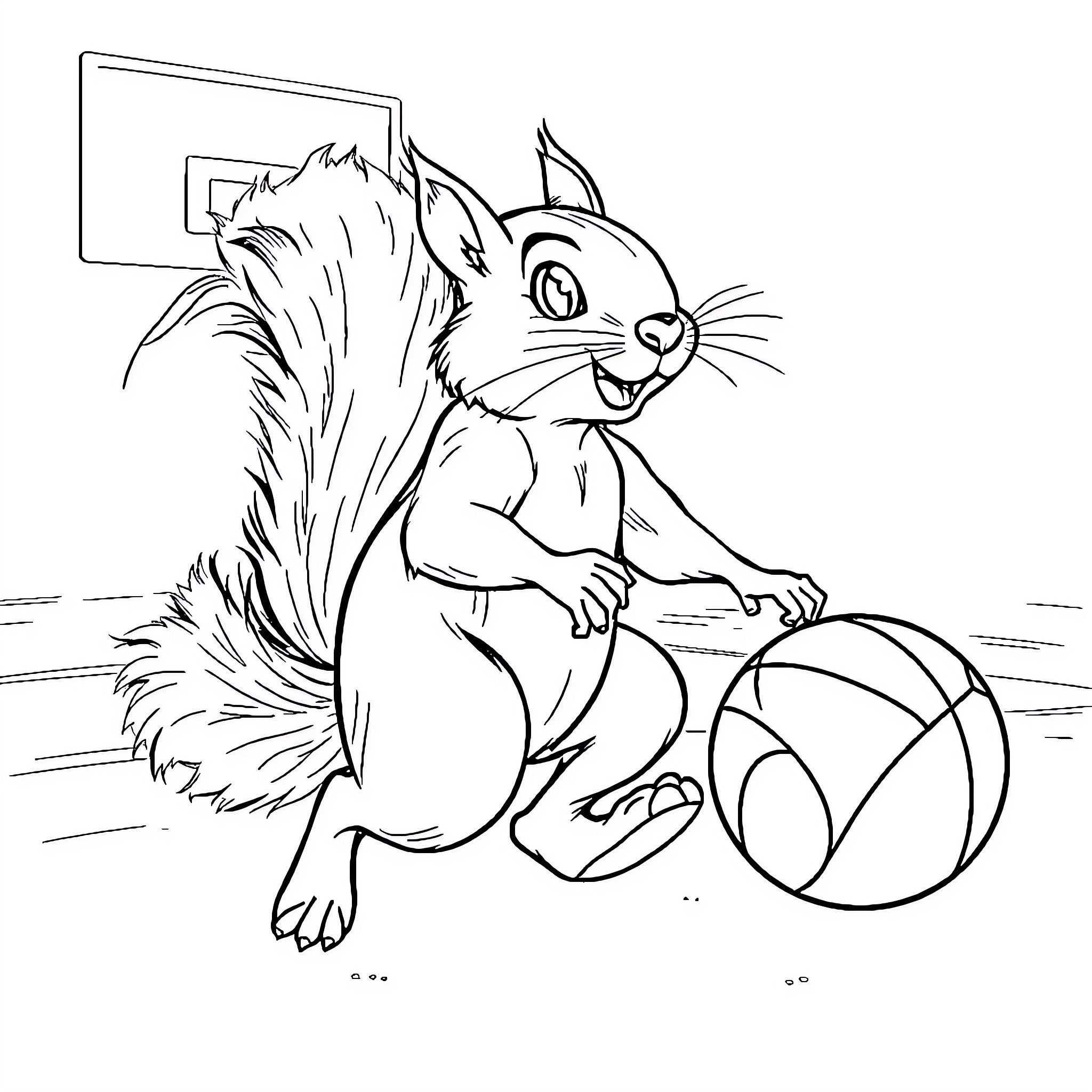 Squirrel playing joyfully with ball in the park Coloring Page (free black-and-white line drawing printable PDF for all, from beginners to advanced learners, including children, teens, adults, and seniors)
