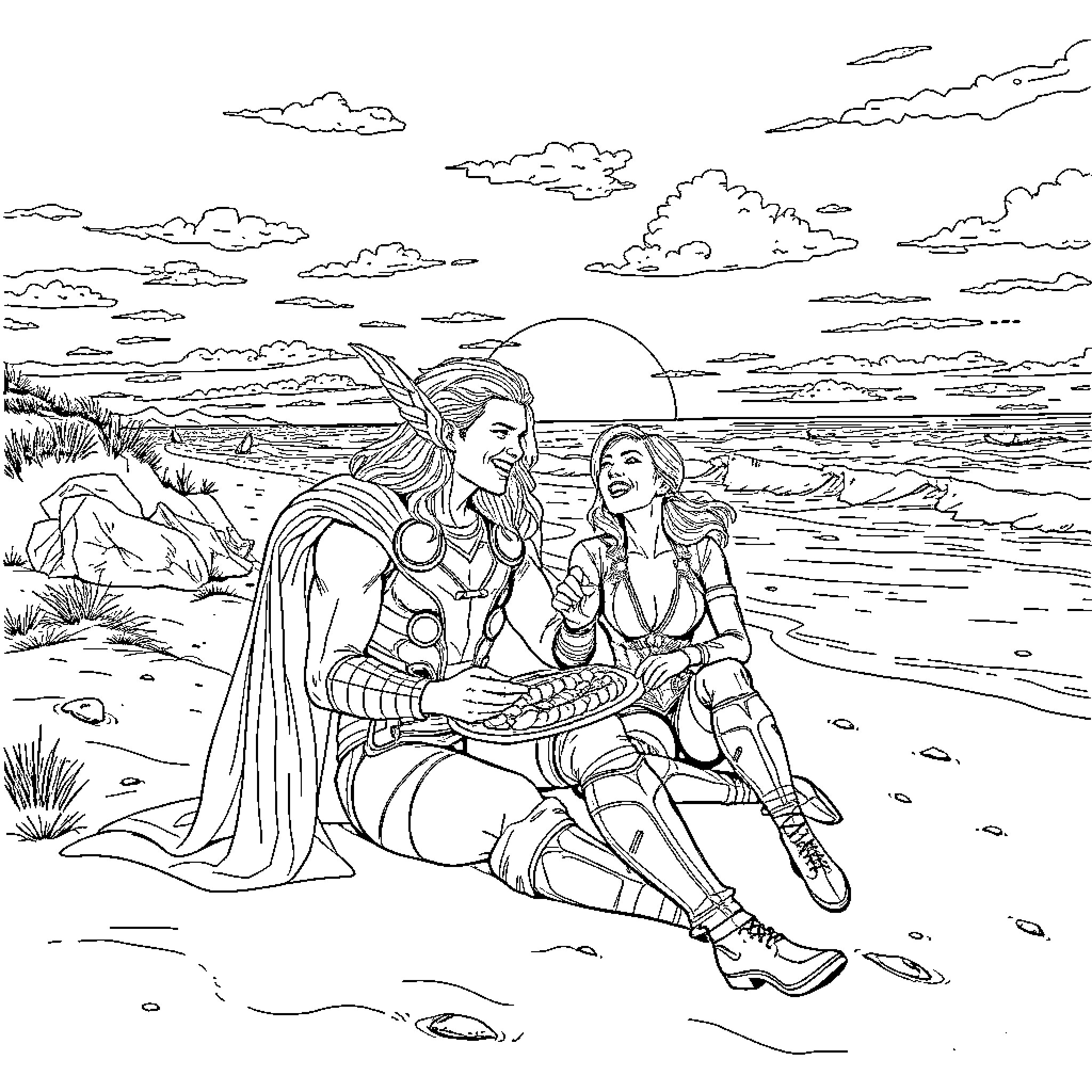 Thor and allies in heroic action on scenic beach Coloring Page (free black-and-white line drawing printable PDF for all, from beginners to advanced learners, including children, teens, adults, and seniors)