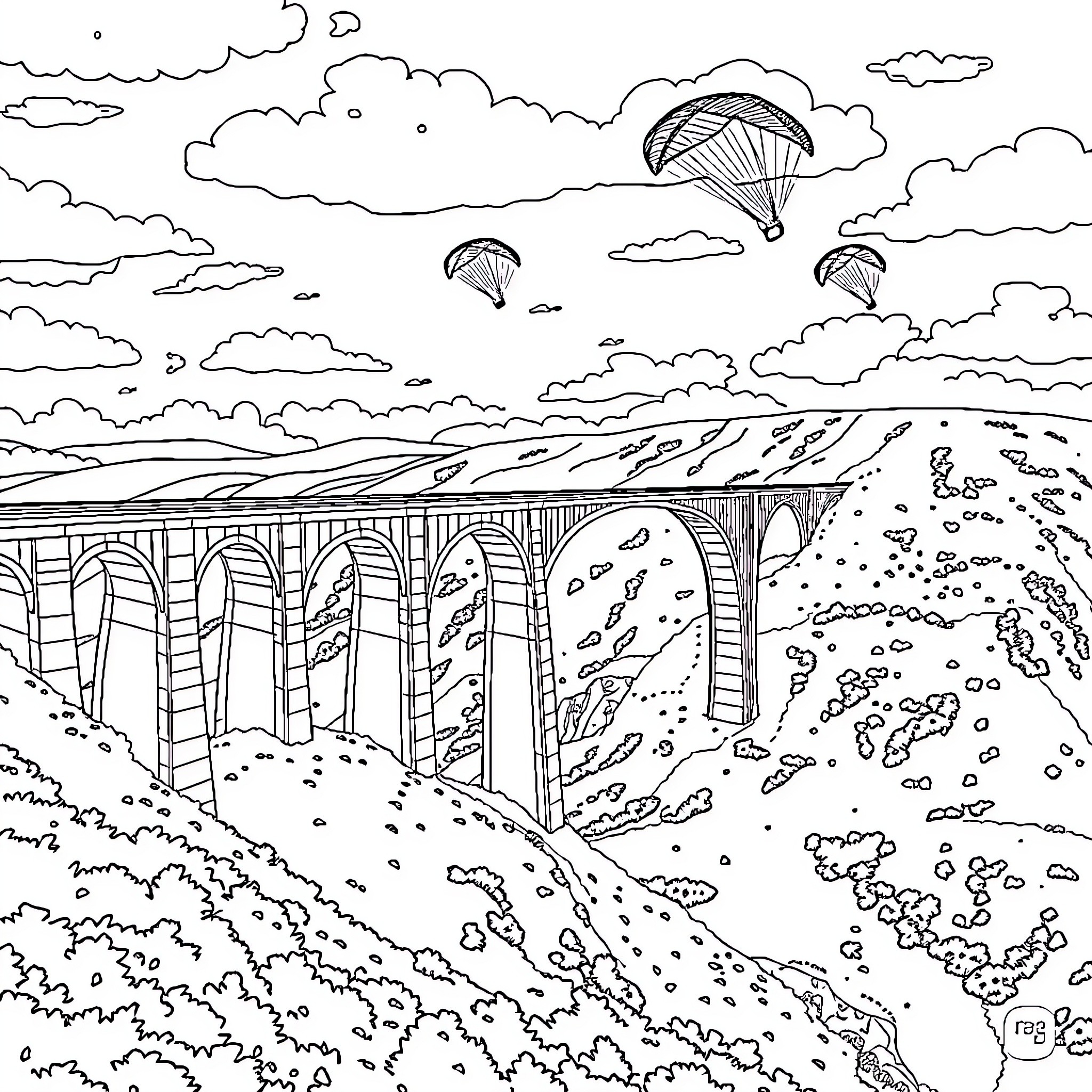 Viaduct with parachutes soaring above Coloring Page (free black-and-white line drawing printable PDF for all, from beginners to advanced learners, including children, teens, adults, and seniors)