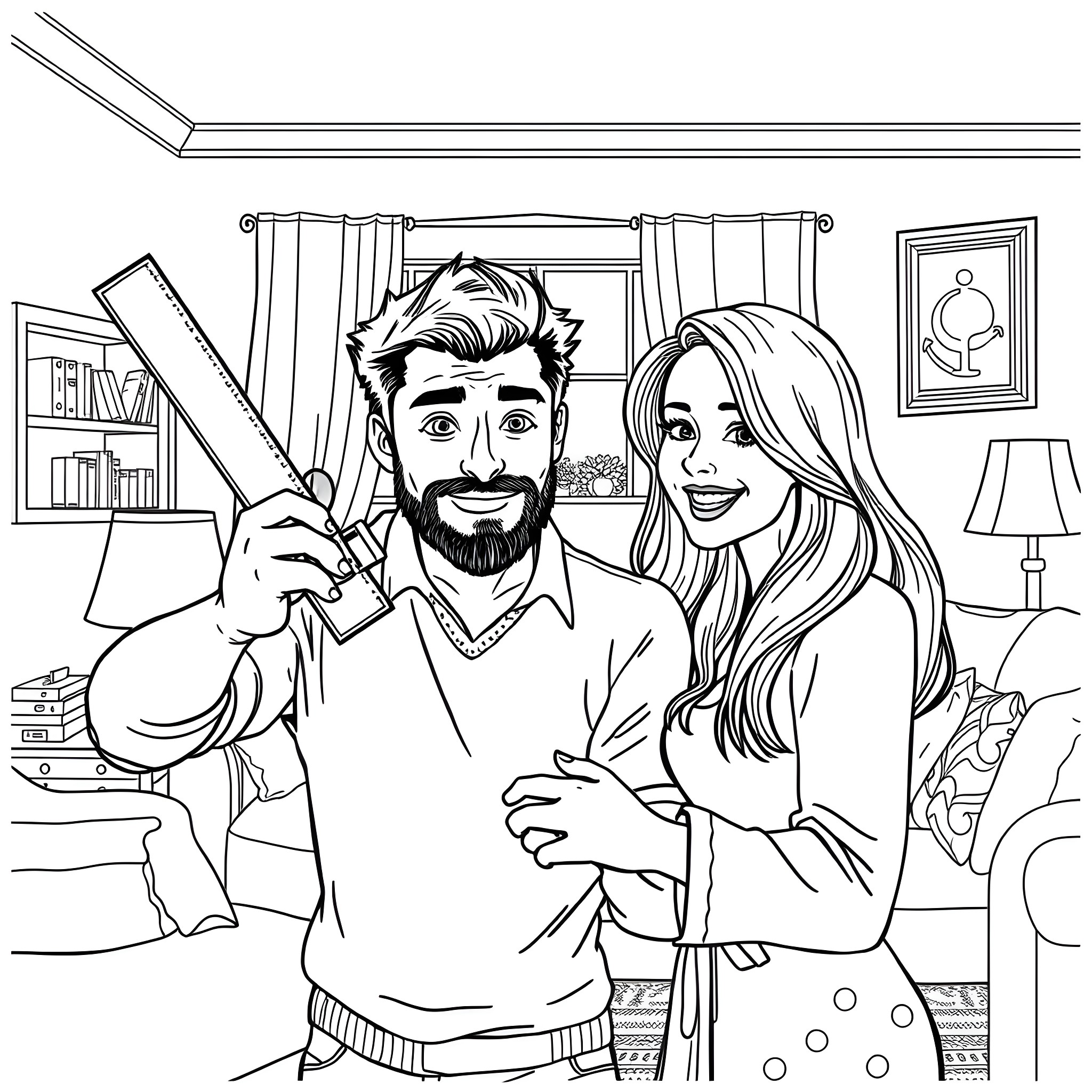 Husband and wife enjoying a relaxing weekend at home Coloring Page (free black-and-white line drawing printable PDF for all, from beginners to advanced learners, including children, teens, adults, and seniors)
