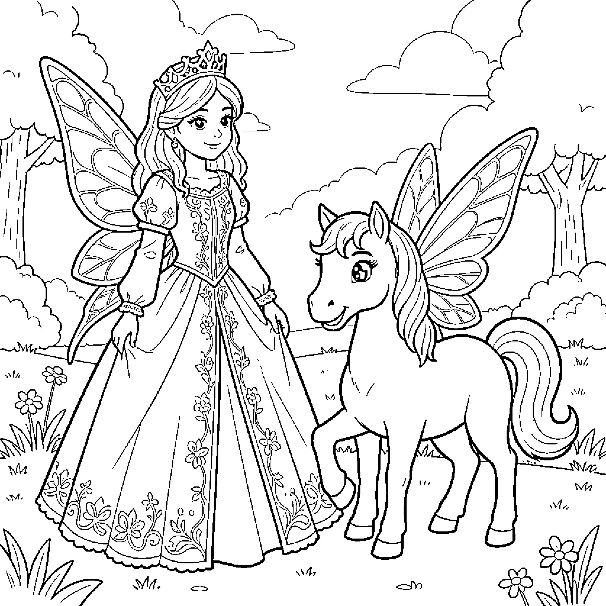Princess with wings standing next to a winged pony Coloring Page (free black-and-white line drawing printable PDF for all, from beginners to advanced learners, including children, teens, adults, and seniors)