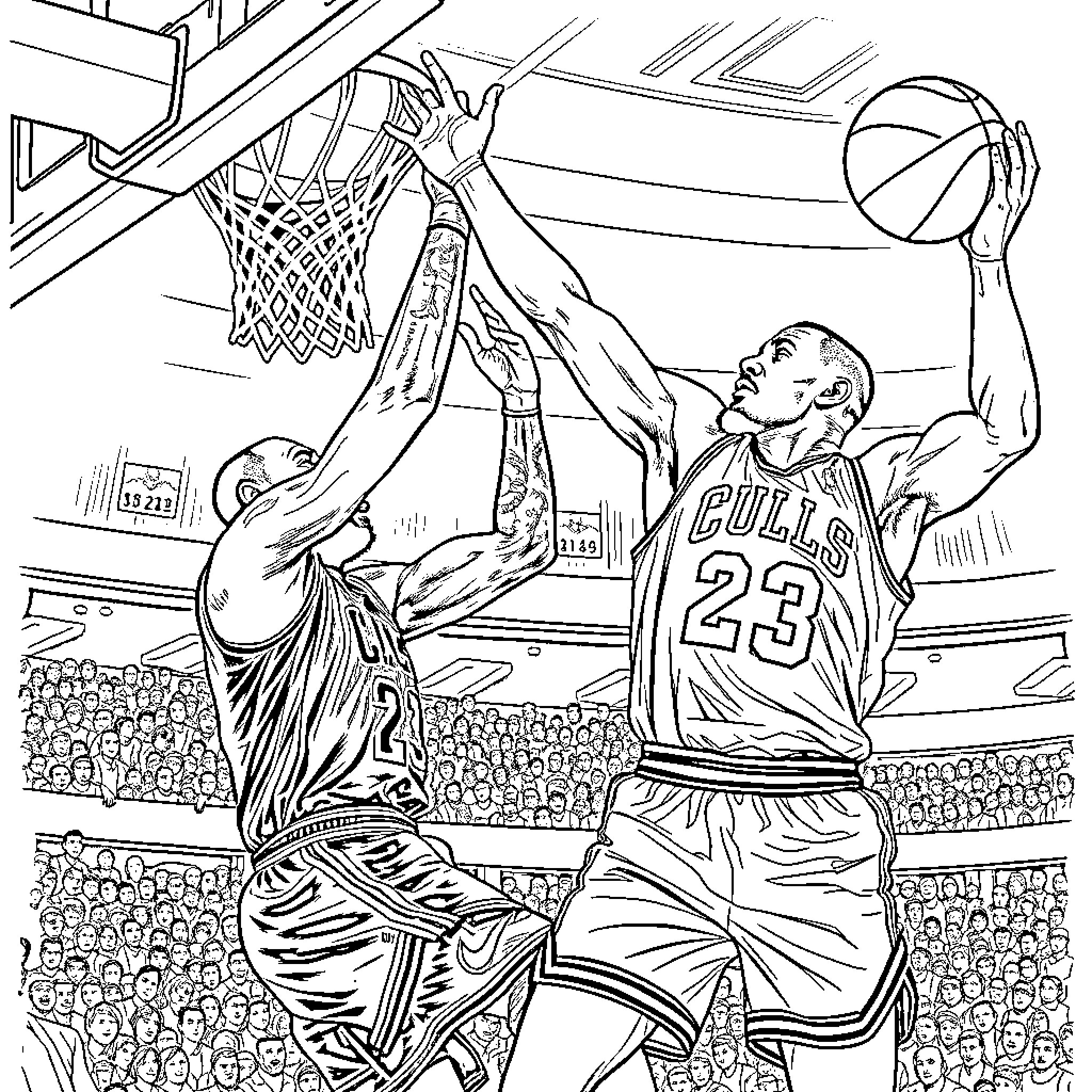 LeBron James Dominating the Basketball Game Coloring Page (free black-and-white line drawing printable PDF for all, from beginners to advanced learners, including children, teens, adults, and seniors)
