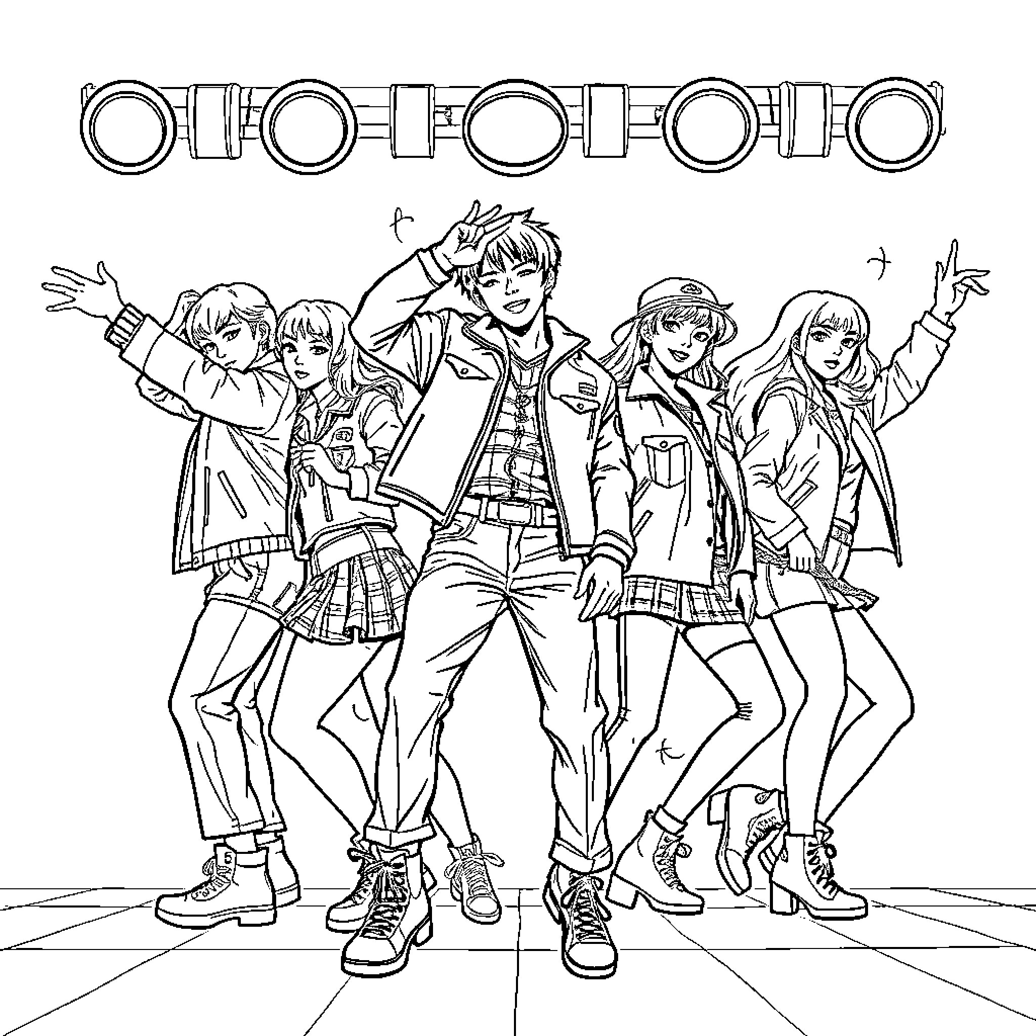 K Pop Performers with Energetic Poses and Stylish Outfits Coloring Page (free black-and-white line drawing printable PDF for all, from beginners to advanced learners, including children, teens, adults, and seniors)