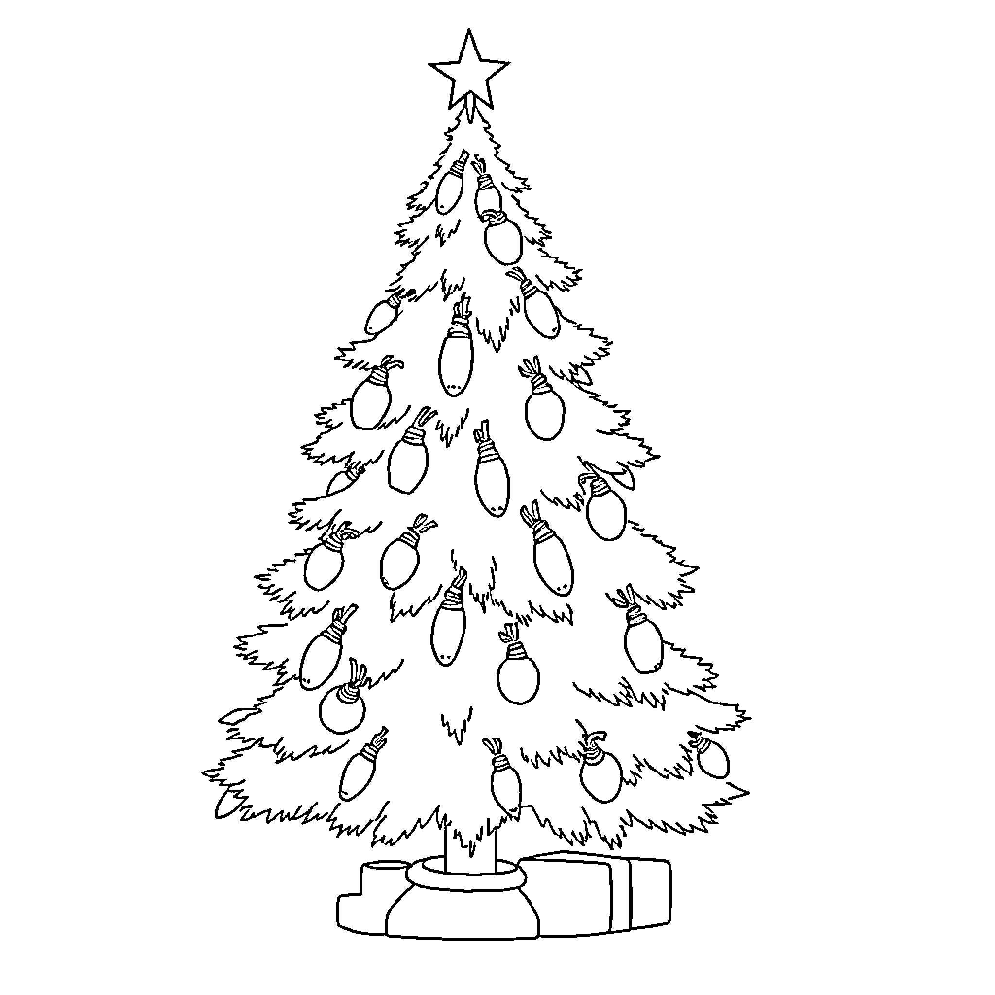 Christmas Tree with Decorated Ornaments Coloring Page (free black-and-white line drawing printable PDF for all, from beginners to advanced learners, including children, teens, adults, and seniors)
