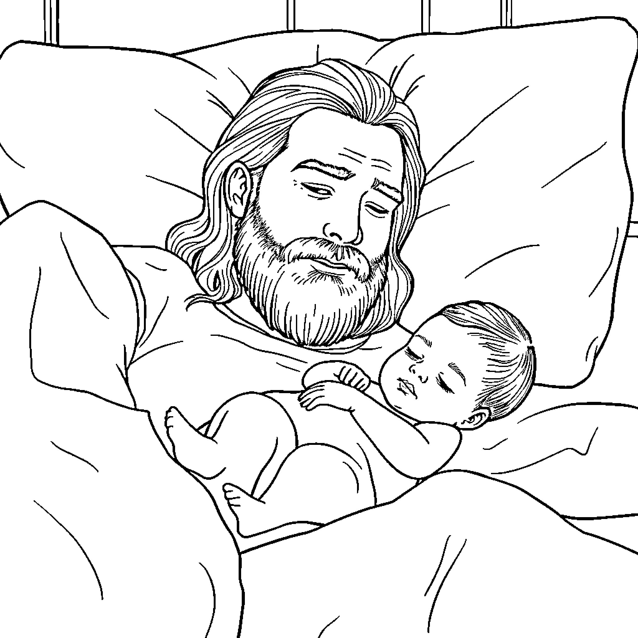 Dad's tender moment with sleeping child Coloring Page (free black-and-white line drawing printable PDF for all, from beginners to advanced learners, including children, teens, adults, and seniors)