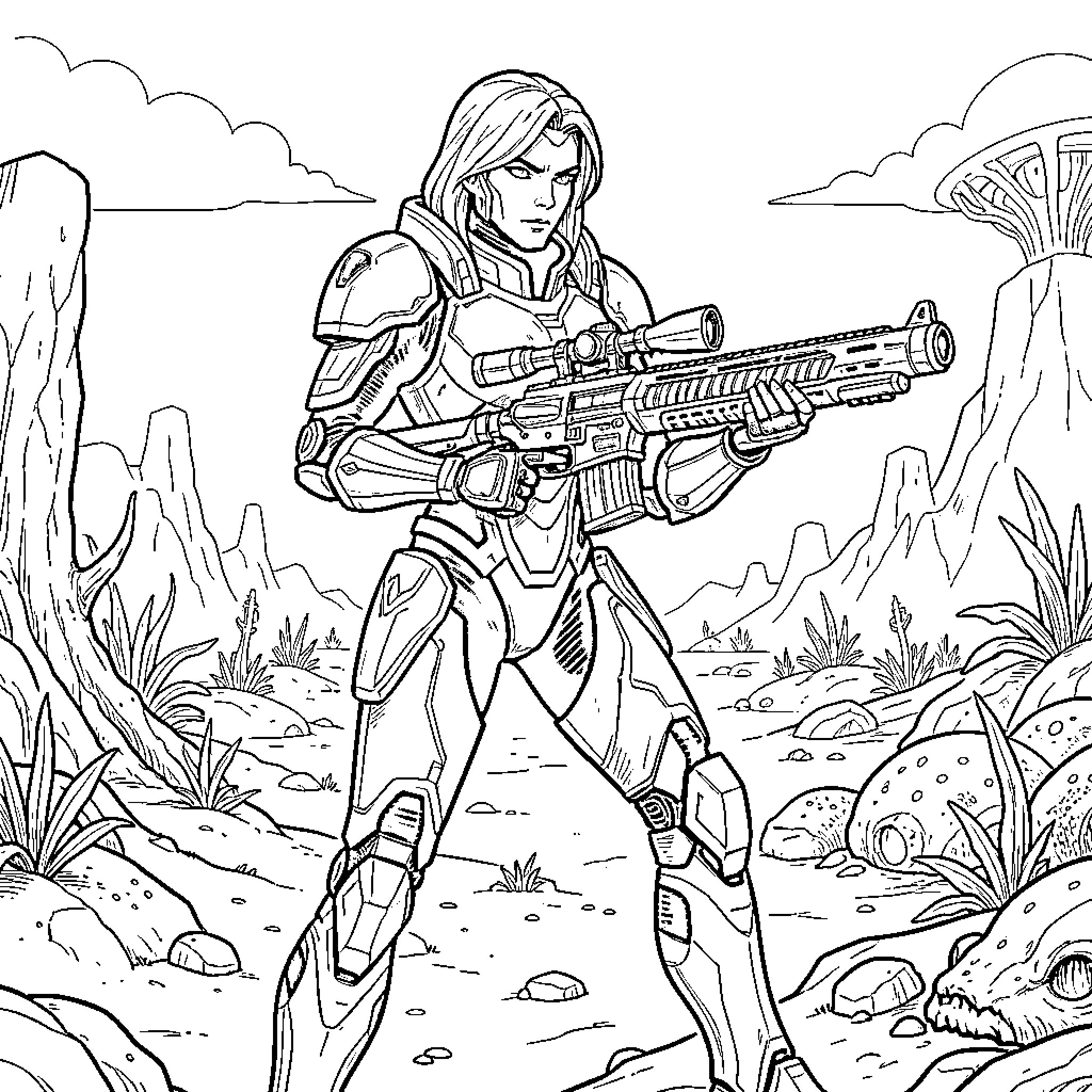 Nova Warrior Wielding Futuristic Weapon in Rugged Landscape Coloring Page (free black-and-white line drawing printable PDF for all, from beginners to advanced learners, including children, teens, adults, and seniors)
