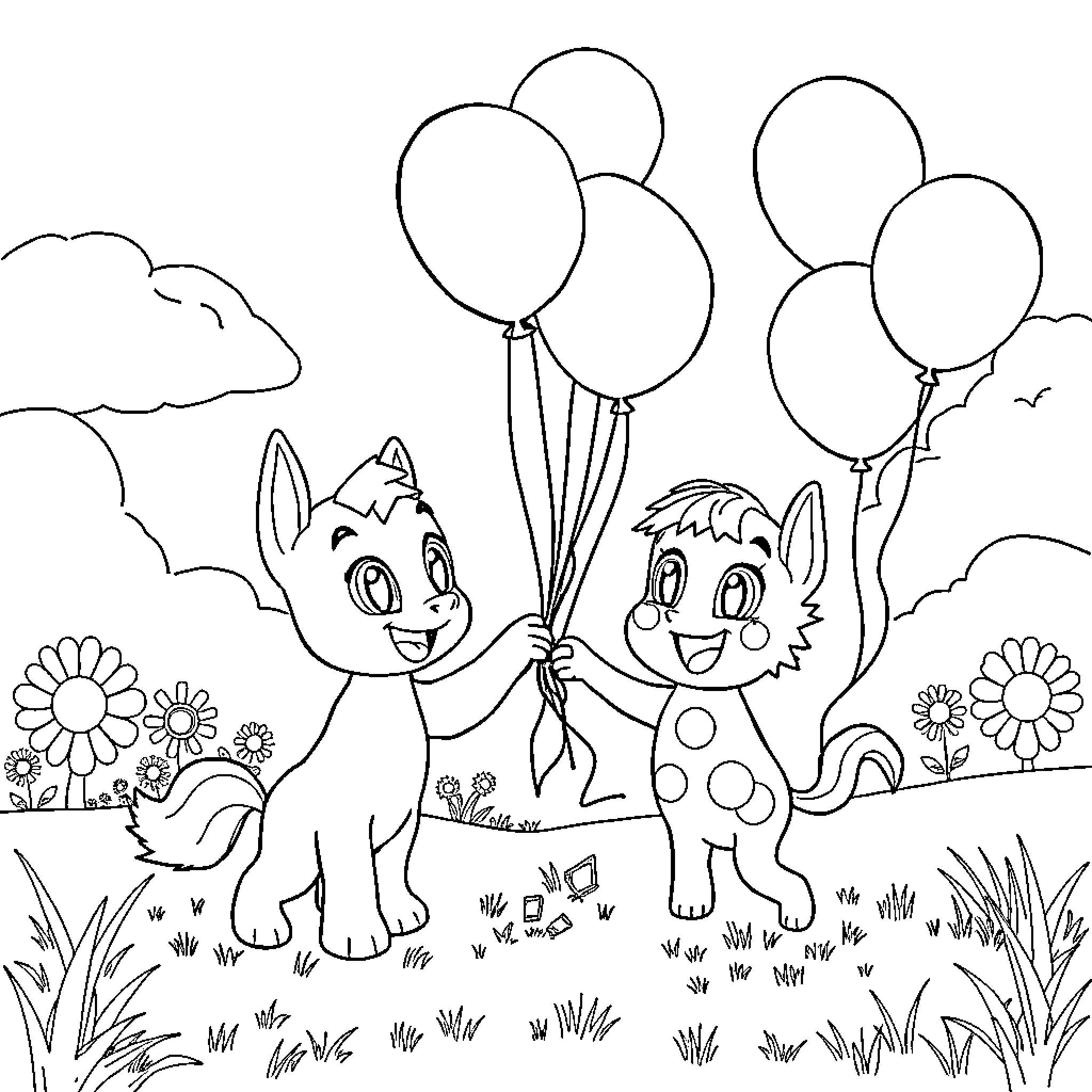 Bluey and friends celebrate with colorful balloons Coloring Page (free black-and-white line drawing printable PDF for all, from beginners to advanced learners, including children, teens, adults, and seniors)