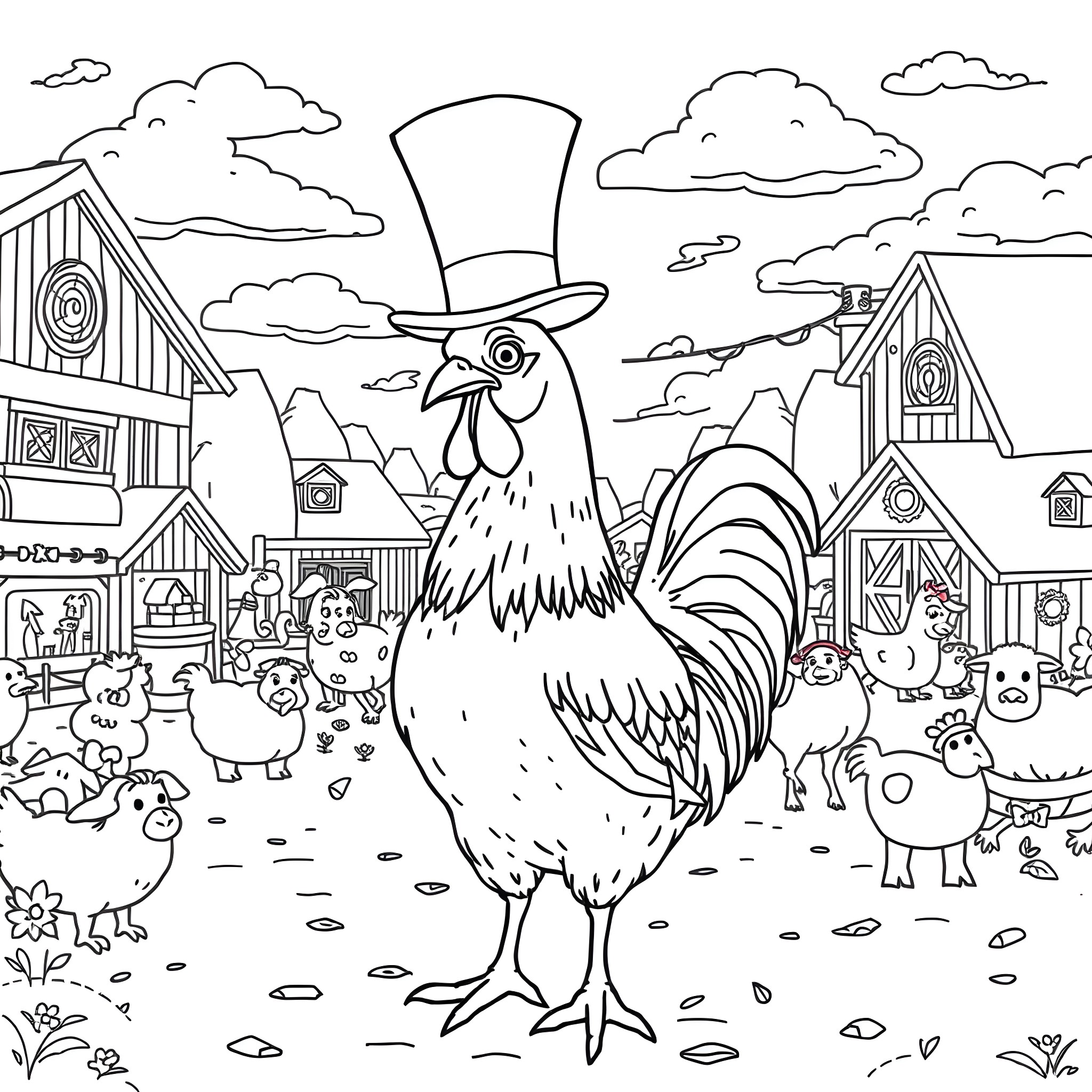 Chicken in a top hat walking through a rural village Coloring Page (free black-and-white line drawing printable PDF for all, from beginners to advanced learners, including children, teens, adults, and seniors)