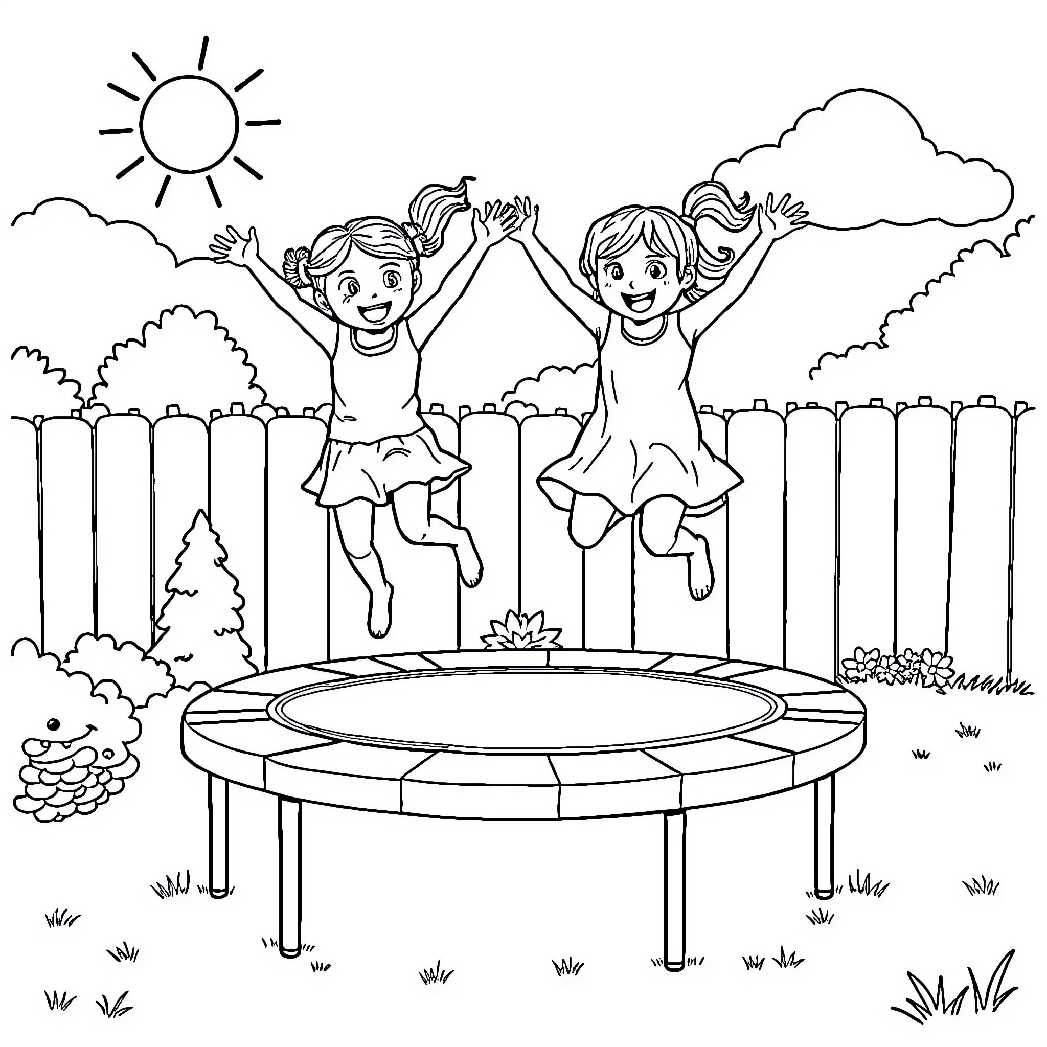 Girls Joyfully Jumping on Trampoline Outdoors Coloring Page (free black-and-white line drawing printable PDF for all, from beginners to advanced learners, including children, teens, adults, and seniors)