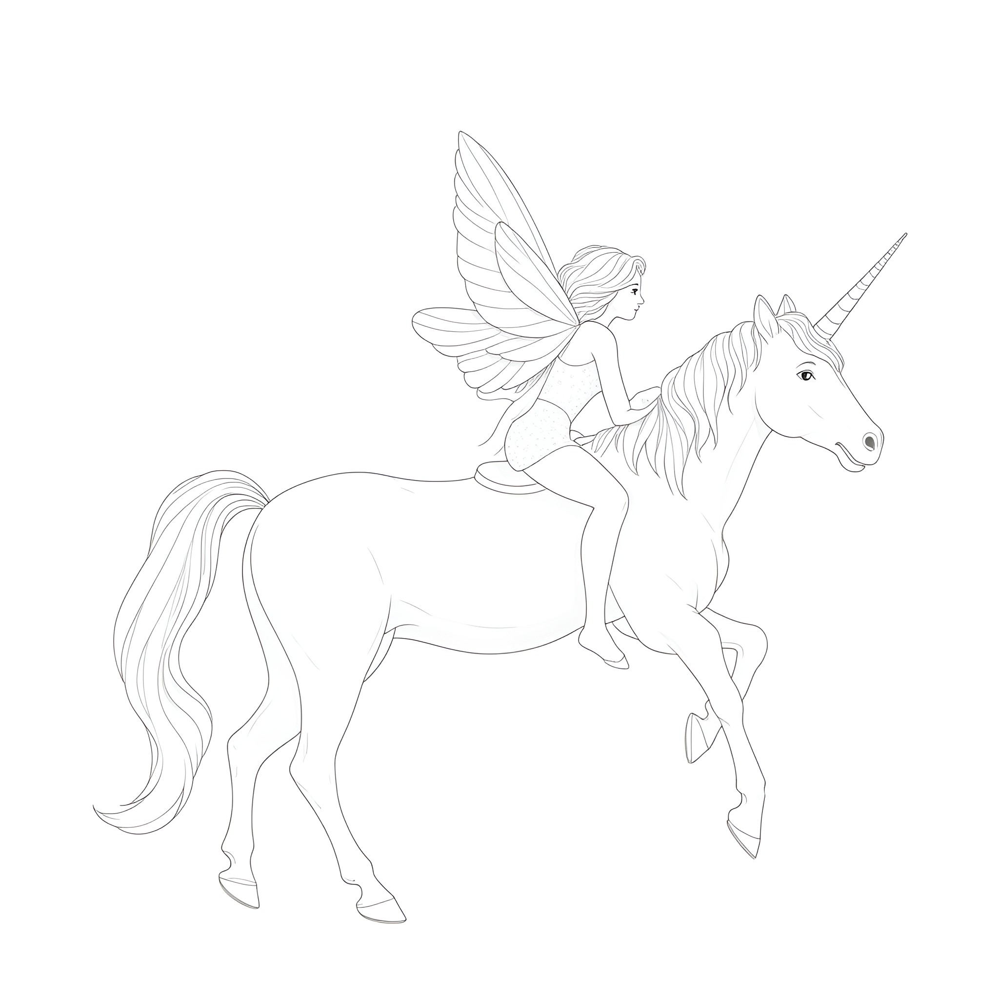 Fairy riding a majestic unicorn Coloring Page (free black-and-white line drawing printable PDF for all, from beginners to advanced learners, including children, teens, adults, and seniors)