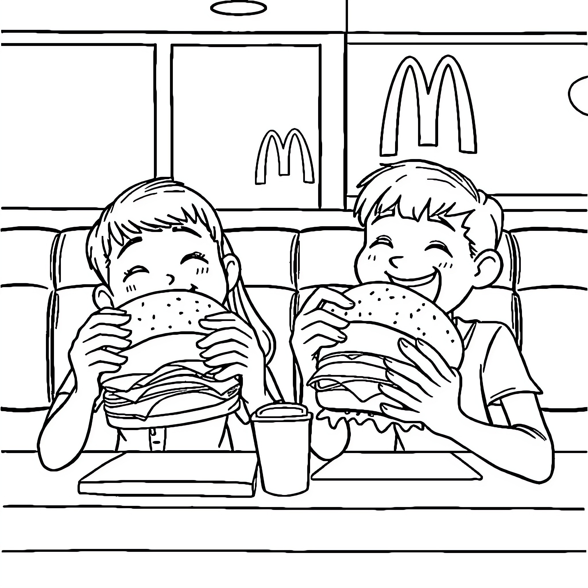 Friends enjoying burgers at fast food restaurant Coloring Page (free black-and-white line drawing printable PDF for all, from beginners to advanced learners, including children, teens, adults, and seniors)