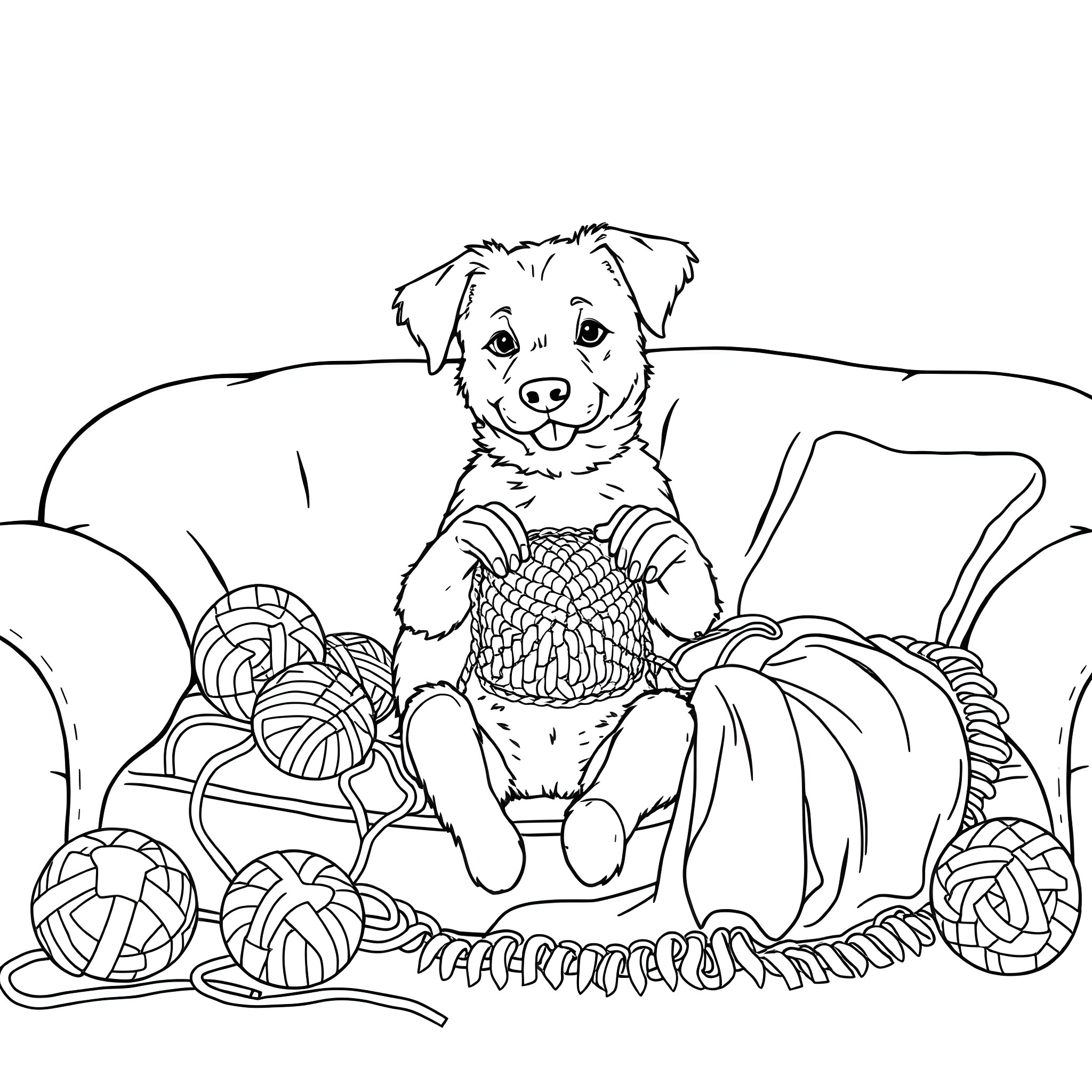 Dog playing with yarn balls on the sofa Coloring Page (free black-and-white line drawing printable PDF for all, from beginners to advanced learners, including children, teens, adults, and seniors)