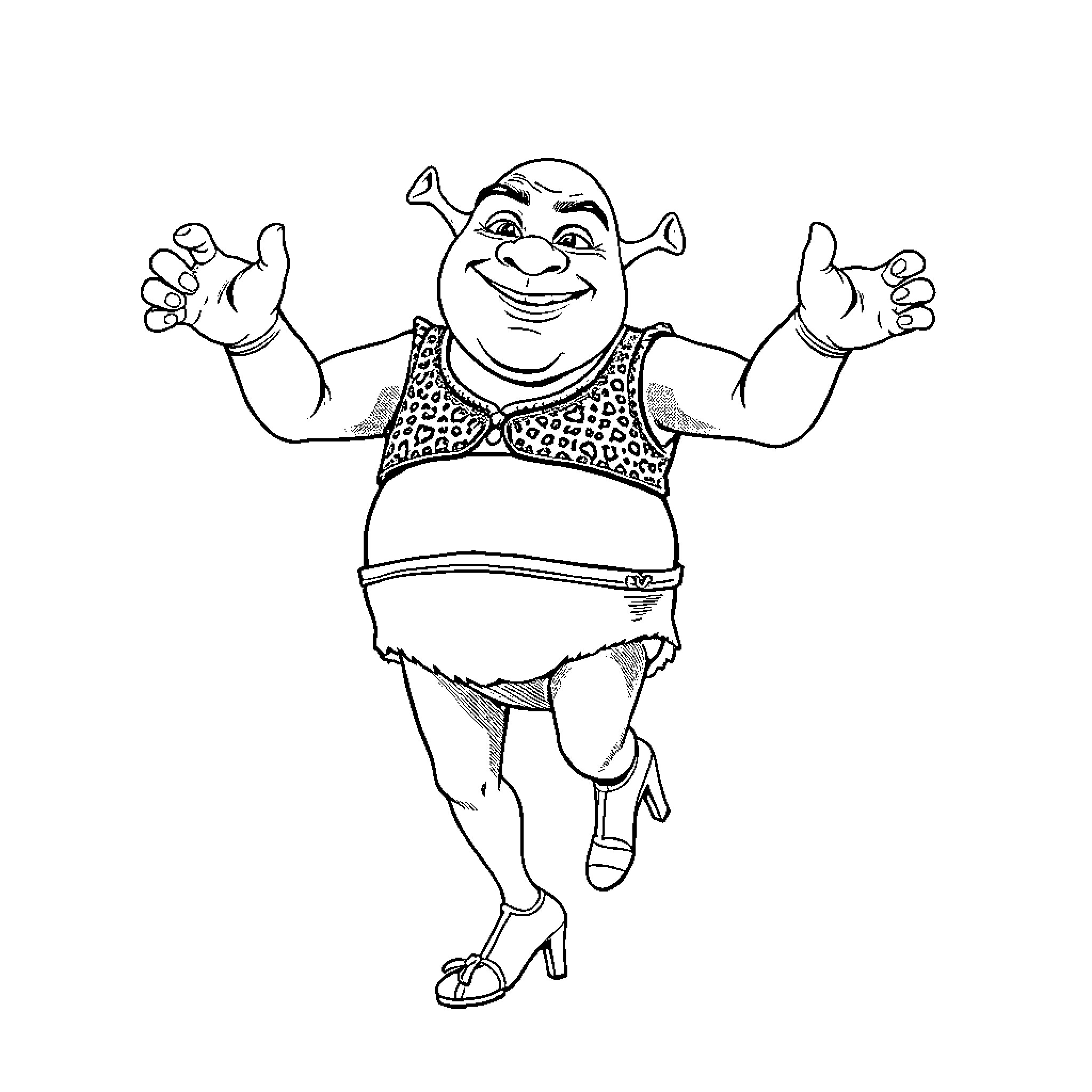Shrek joyfully dancing in animated style Coloring Page (free black-and-white line drawing printable PDF for all, from beginners to advanced learners, including children, teens, adults, and seniors)