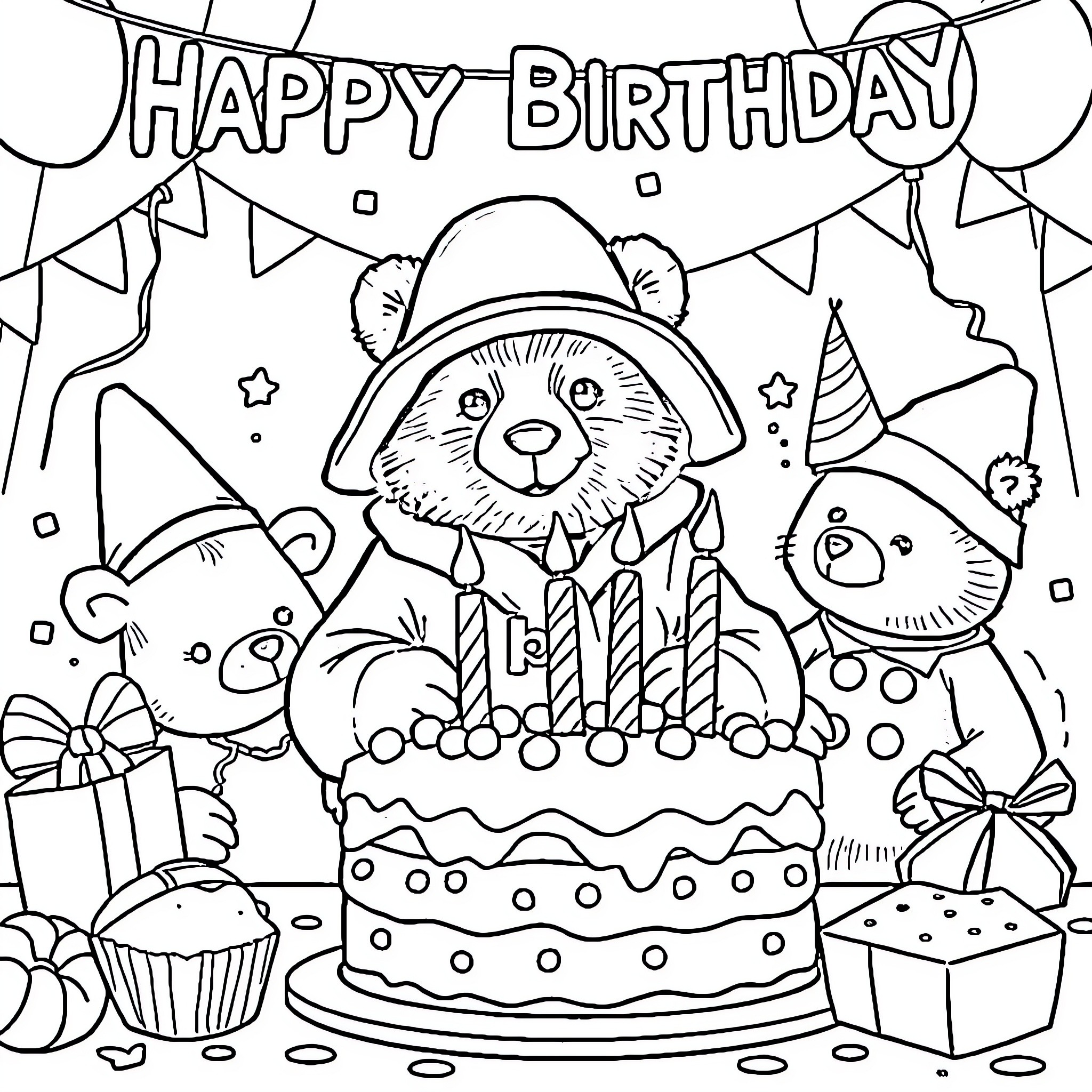 Paddington's Happy Birthday Party with Cake and Decorations Coloring Page (free black-and-white line drawing printable PDF for all, from beginners to advanced learners, including children, teens, adults, and seniors)