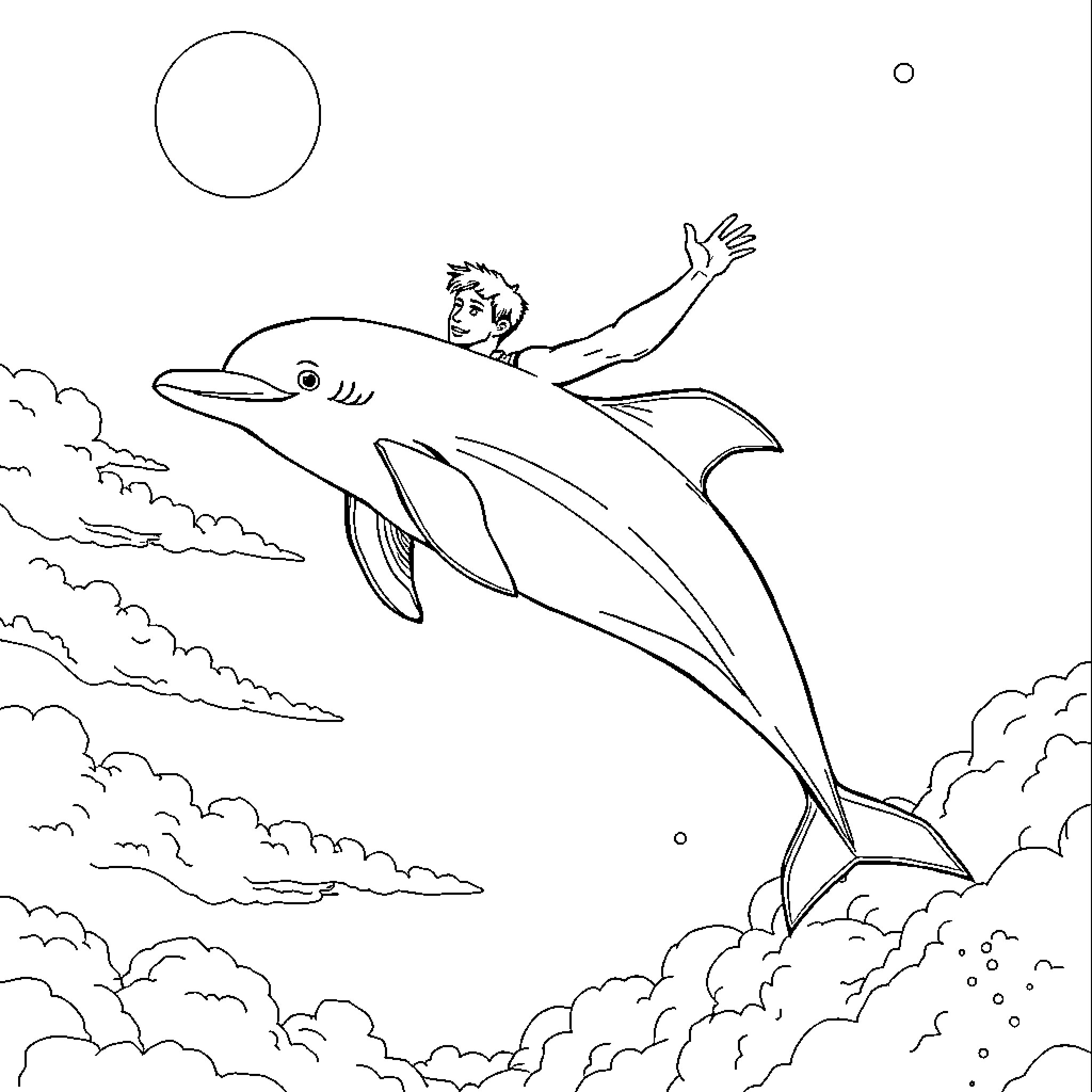 Man riding on the back of a dolphin Coloring Page (free black-and-white line drawing printable PDF for all, from beginners to advanced learners, including children, teens, adults, and seniors)
