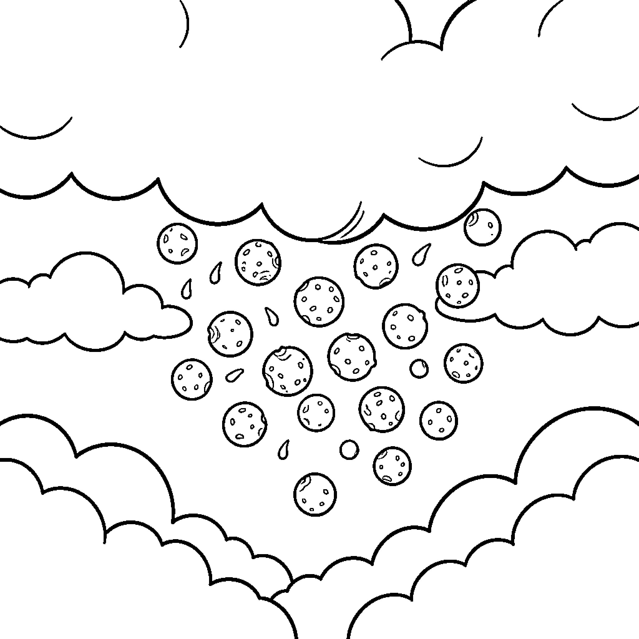 Meatball-shaped objects falling from cloudy sky Coloring Page (free black-and-white line drawing printable PDF for all, from beginners to advanced learners, including children, teens, adults, and seniors)
