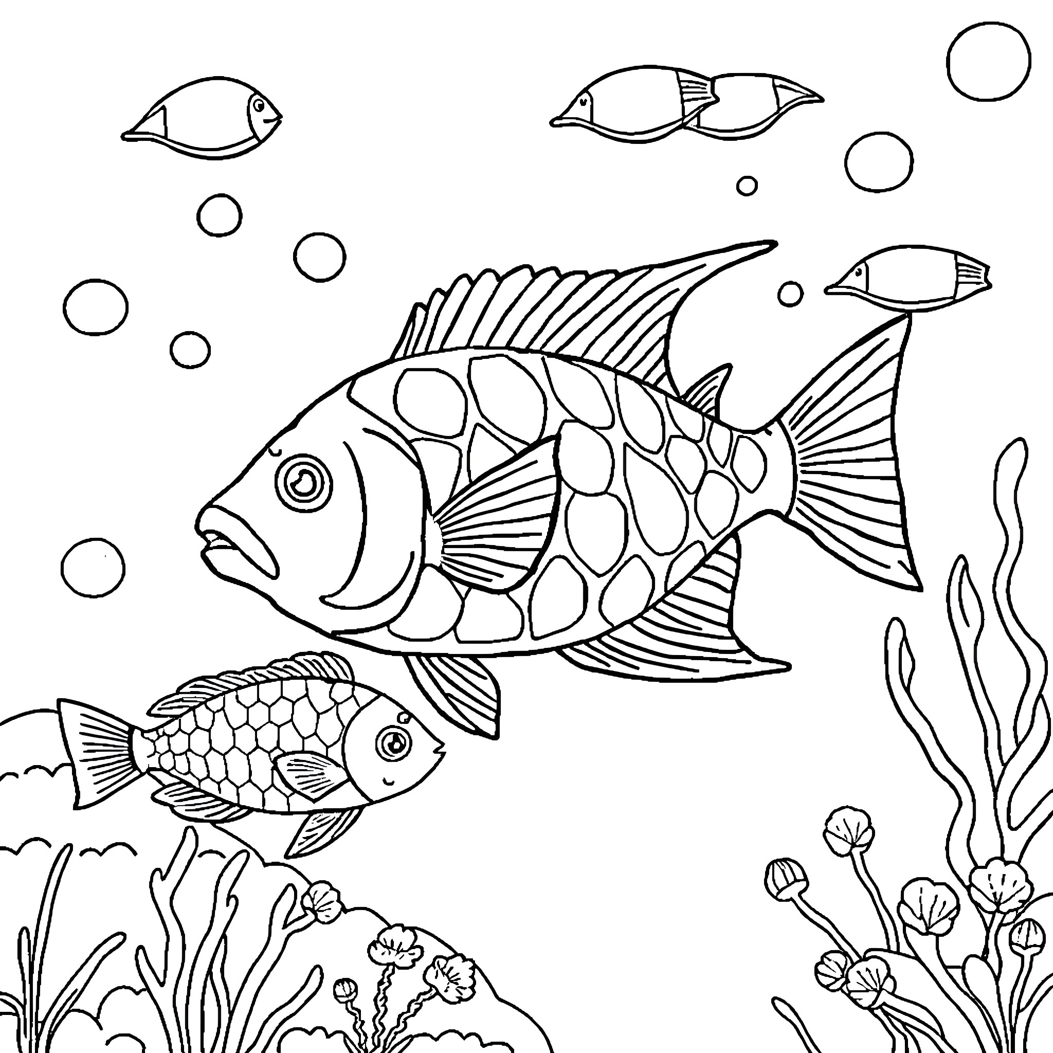 Fish Swimming Playfully in the Ocean Coloring Page (free black-and-white line drawing printable PDF for all, from beginners to advanced learners, including children, teens, adults, and seniors)