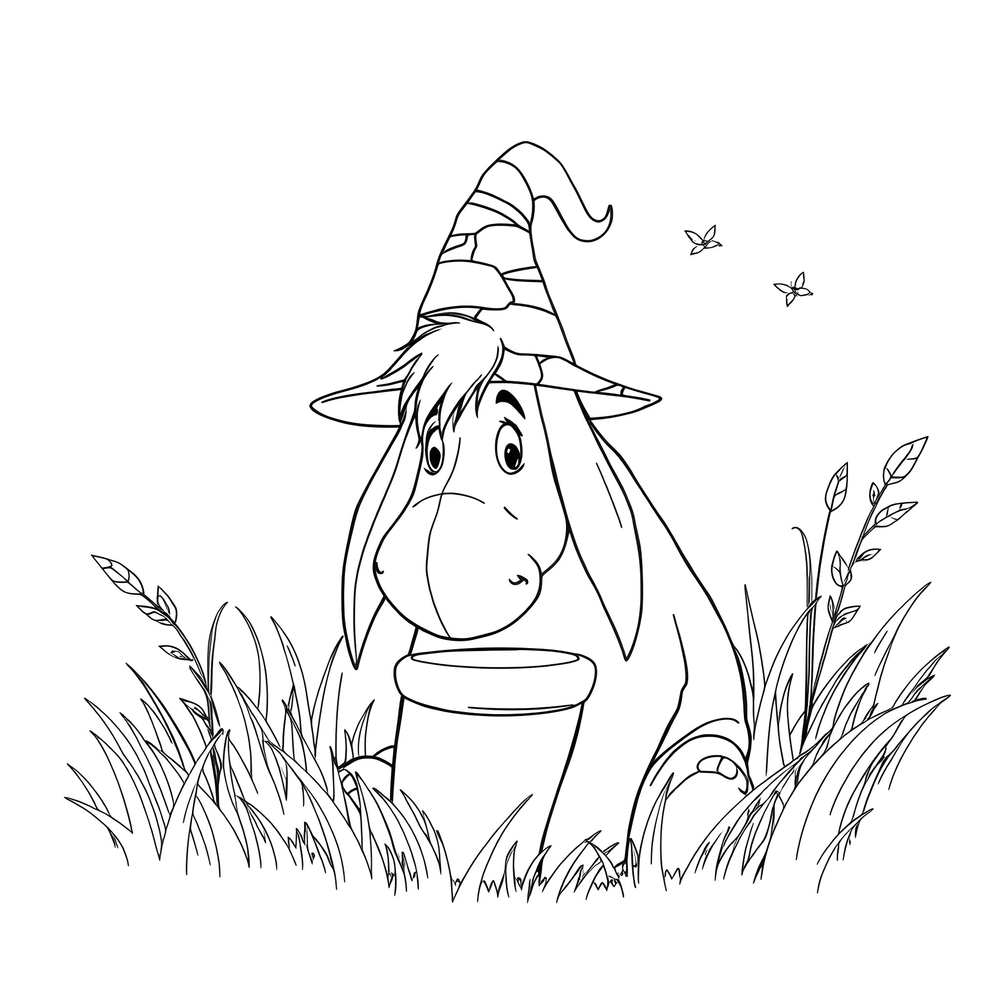Eeyore sitting in the meadow Coloring Page (free black-and-white line drawing printable PDF for all, from beginners to advanced learners, including children, teens, adults, and seniors)