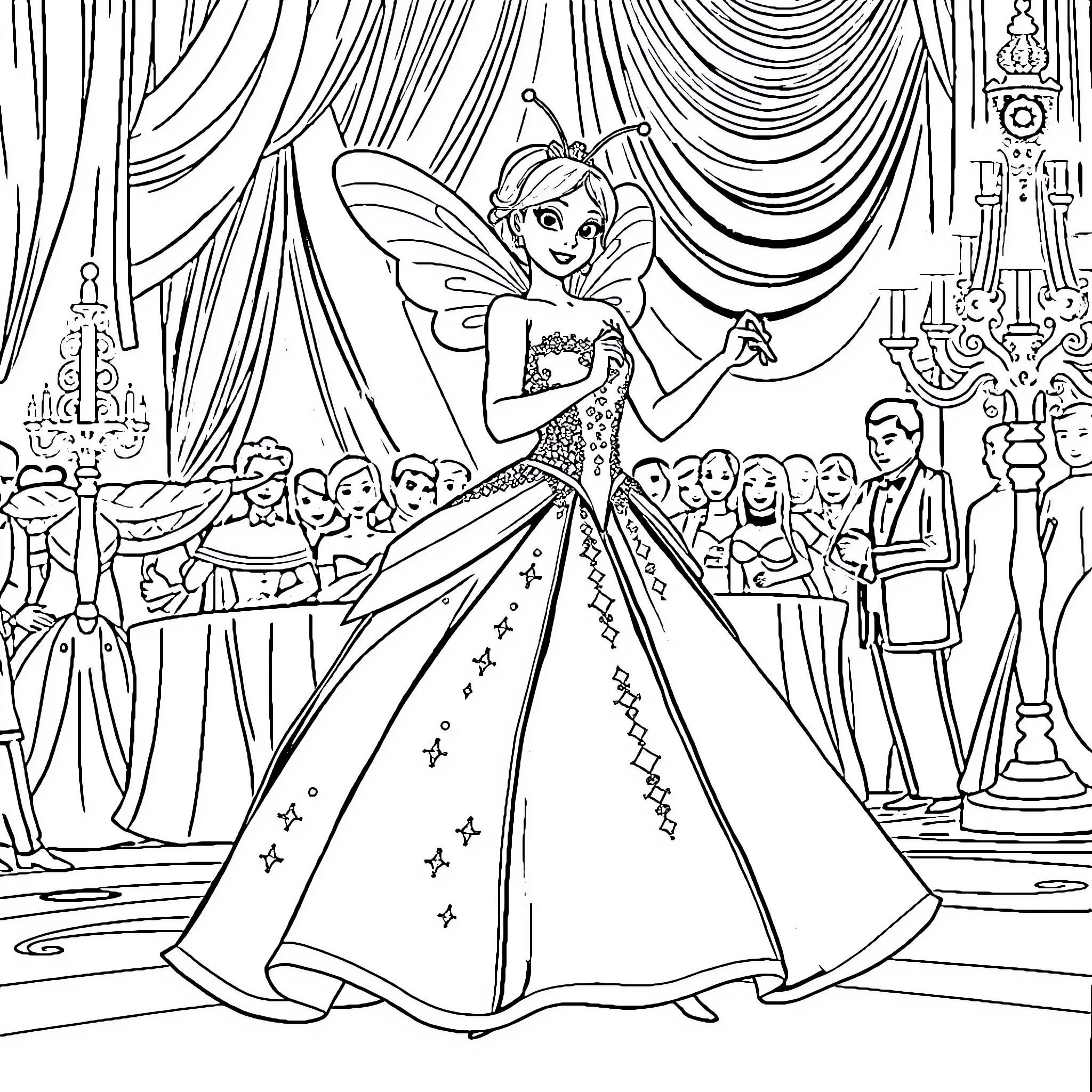Princess Fairy Performing on Stage with Audience Coloring Page (free black-and-white line drawing printable PDF for all, from beginners to advanced learners, including children, teens, adults, and seniors)