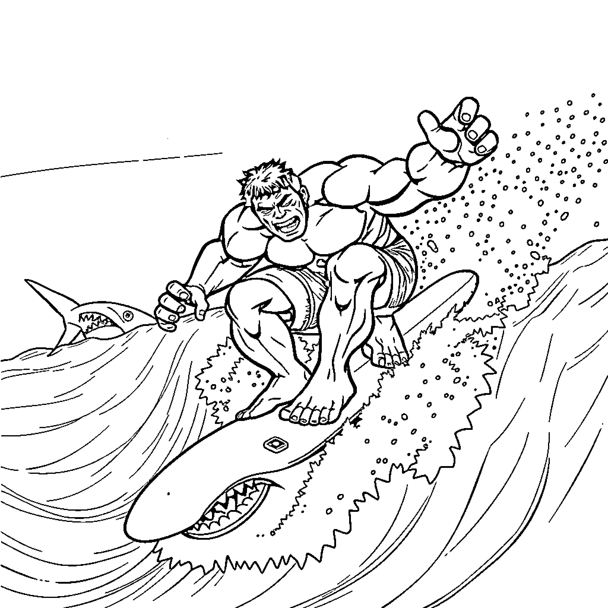 Hulk Surfing Fierce Ocean Waves Coloring Page (free black-and-white line drawing printable PDF for all, from beginners to advanced learners, including children, teens, adults, and seniors)