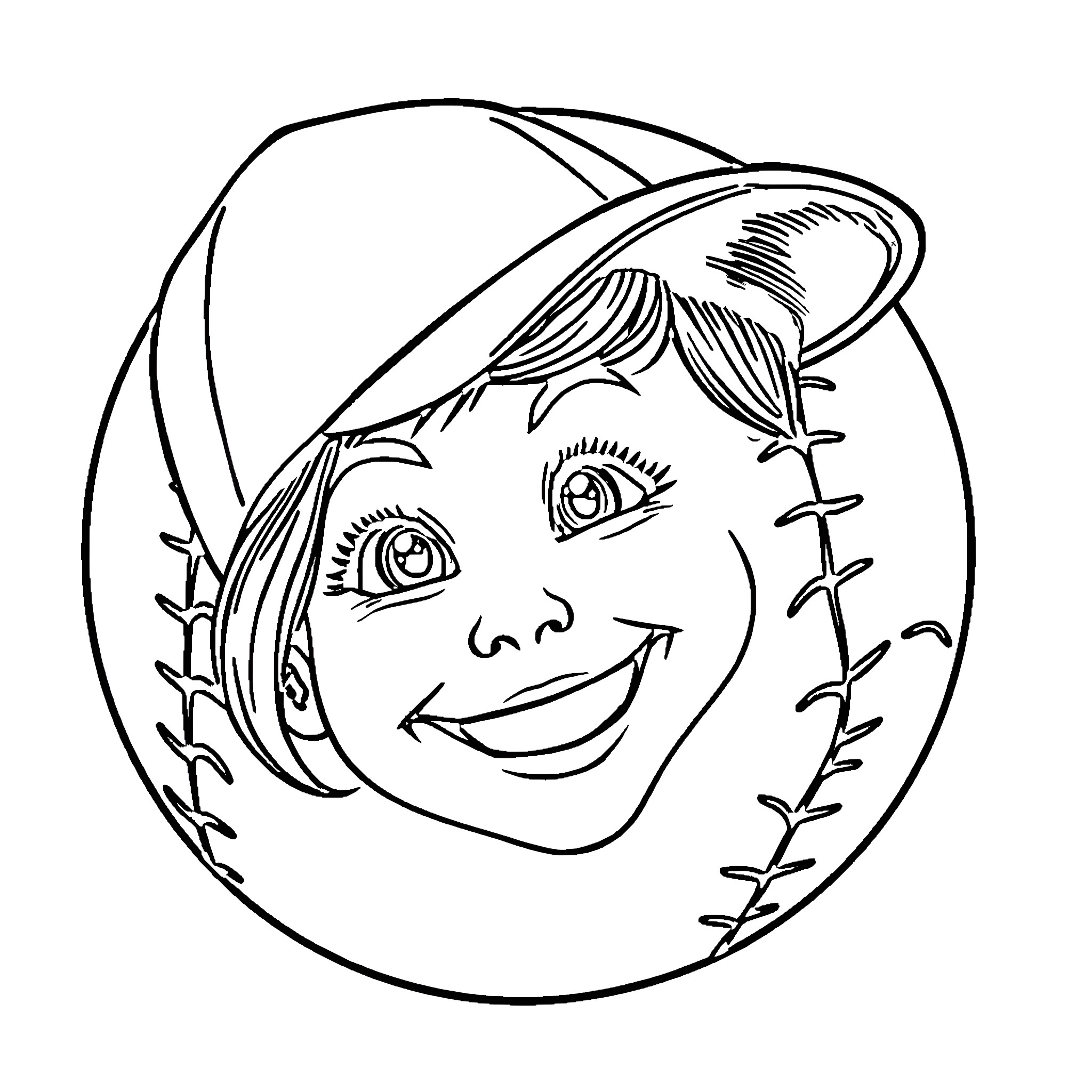 Girl playing baseball in a circle Coloring Page (free black-and-white line drawing printable PDF for all, from beginners to advanced learners, including children, teens, adults, and seniors)