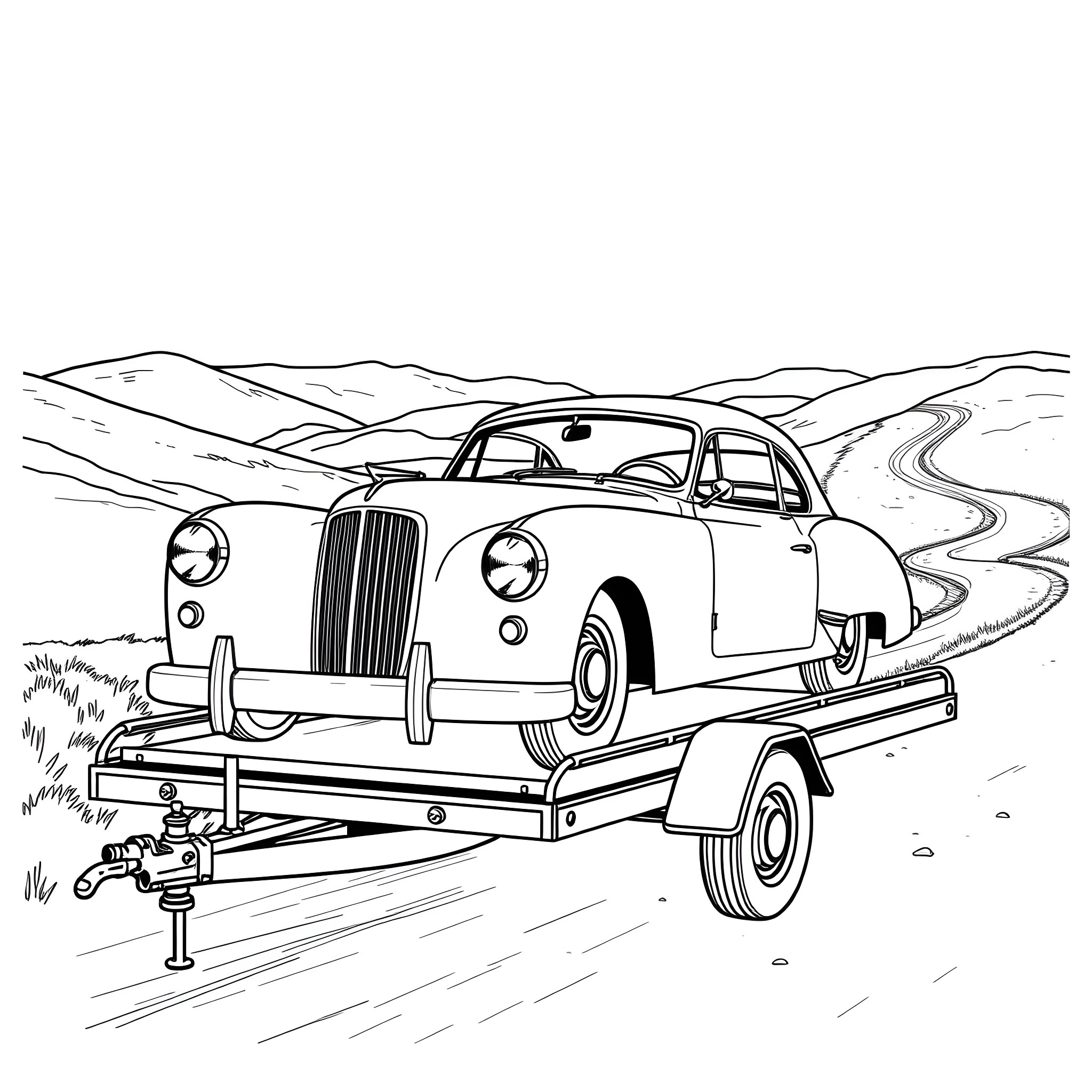 Classic Car Towed on Trailer Through Mountainous Landscape Coloring Page (free black-and-white line drawing printable PDF for all, from beginners to advanced learners, including children, teens, adults, and seniors)