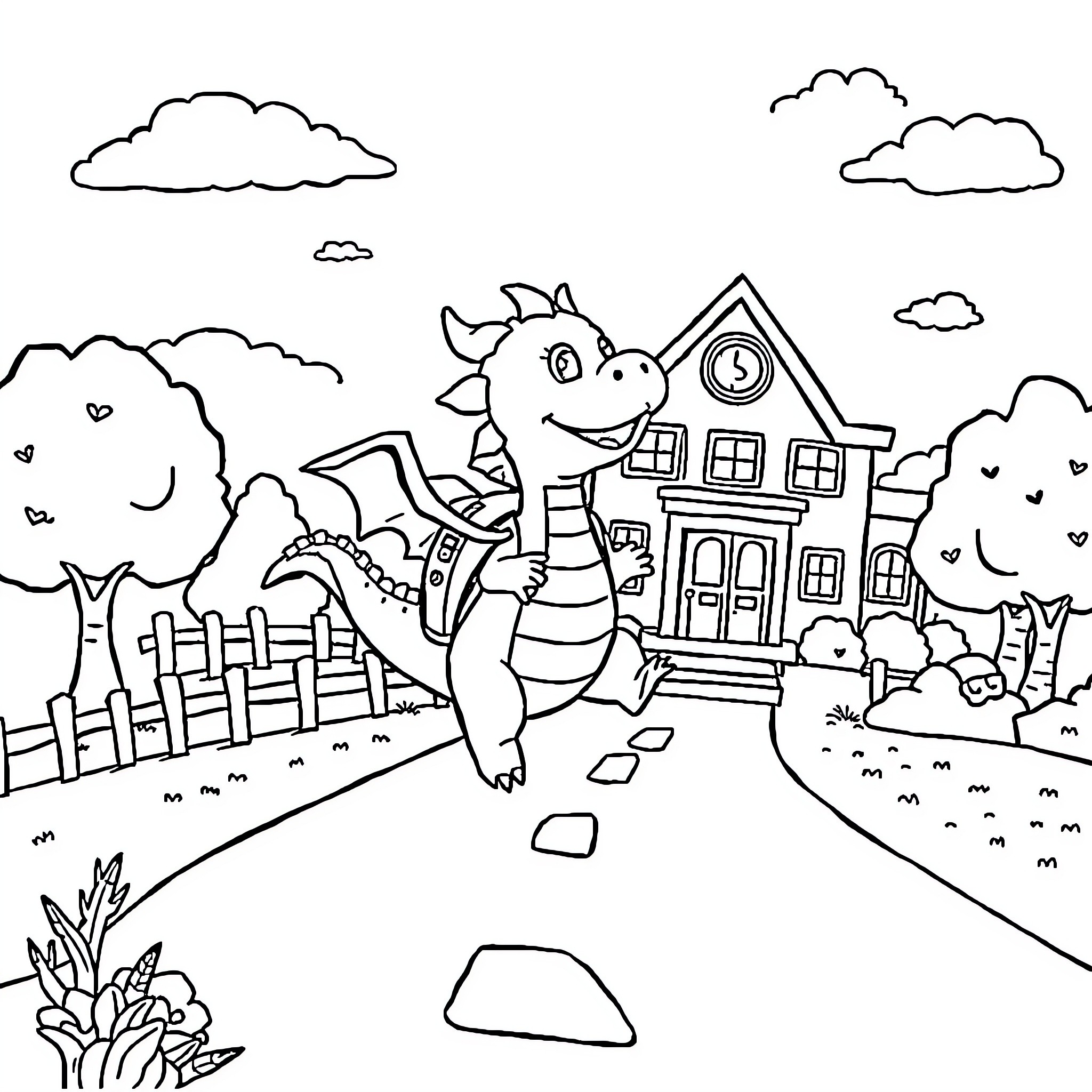 Dragon exploring a magical neighborhood Coloring Page (free black-and-white line drawing printable PDF for all, from beginners to advanced learners, including children, teens, adults, and seniors)