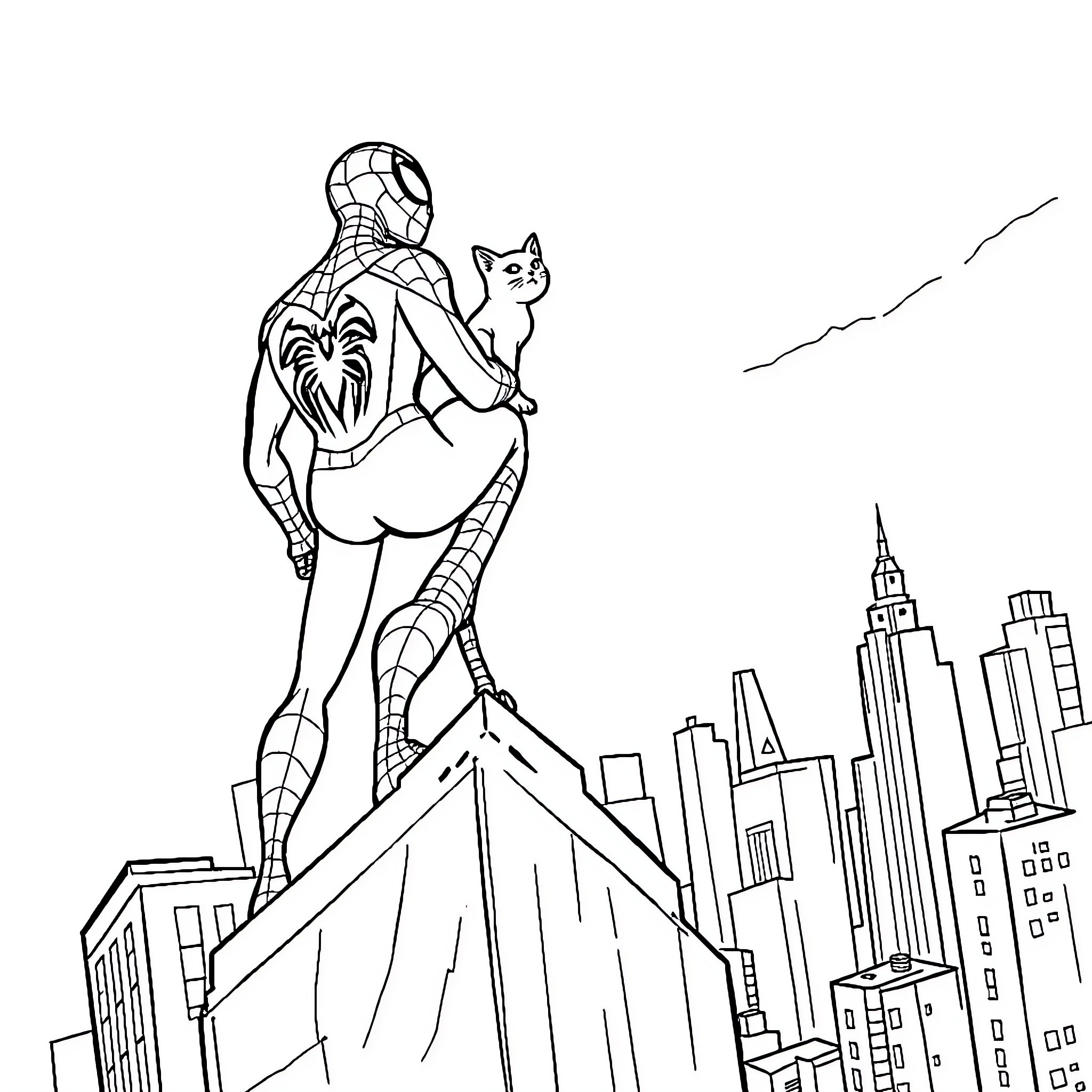 Spiderman scaling skyscrapers with a cat companion Coloring Page (free black-and-white line drawing printable PDF for all, from beginners to advanced learners, including children, teens, adults, and seniors)