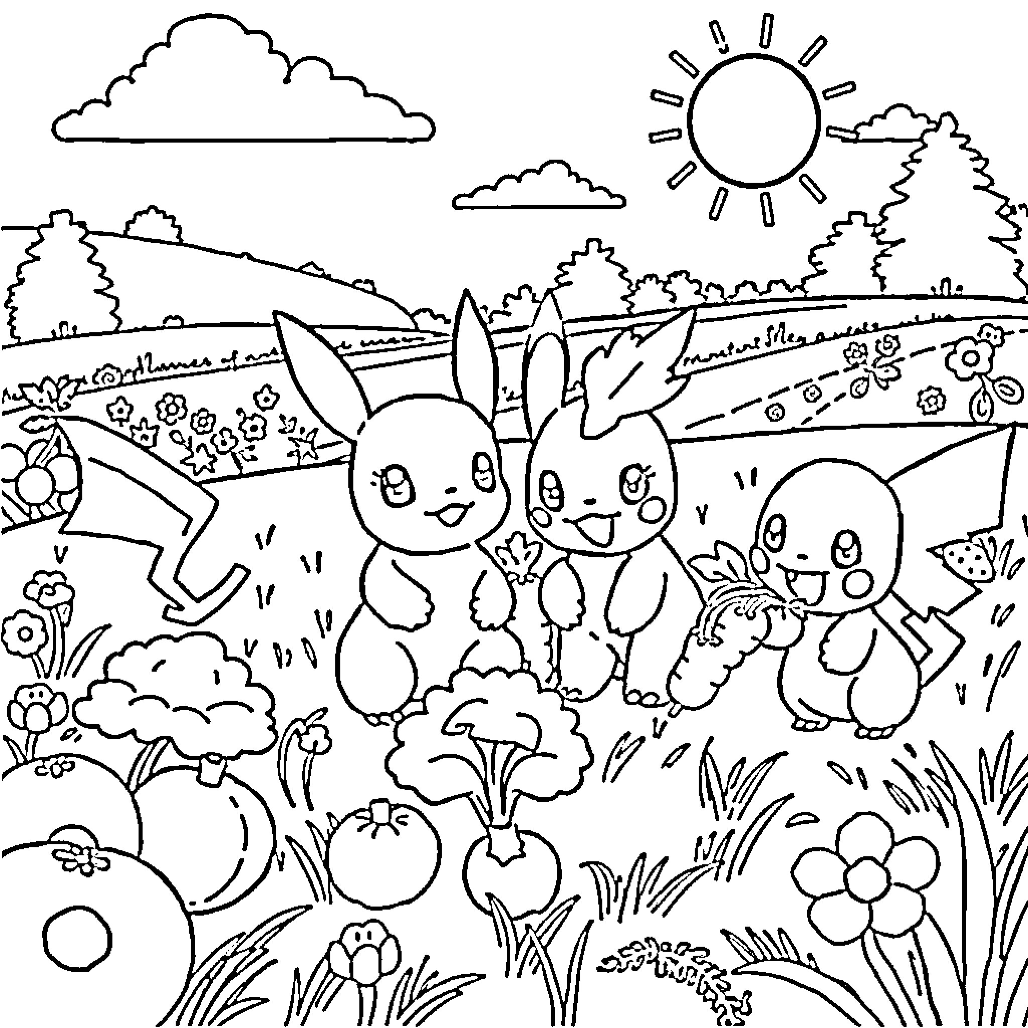 Pokémon playing happily in the scenic landscape Coloring Page (free black-and-white line drawing printable PDF for all, from beginners to advanced learners, including children, teens, adults, and seniors)
