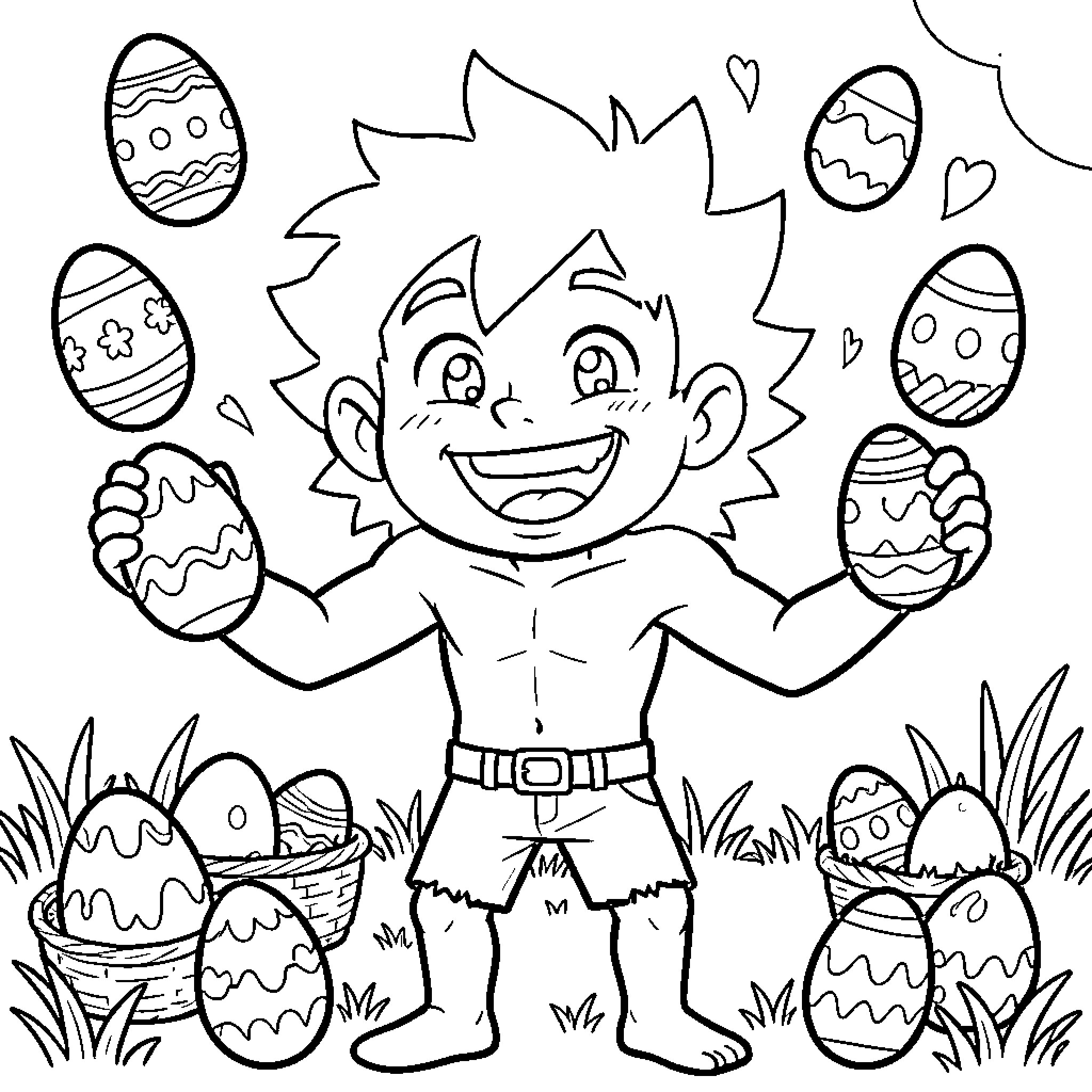 Beastboy juggling colorful Easter eggs in a field Coloring Page (free black-and-white line drawing printable PDF for all, from beginners to advanced learners, including children, teens, adults, and seniors)