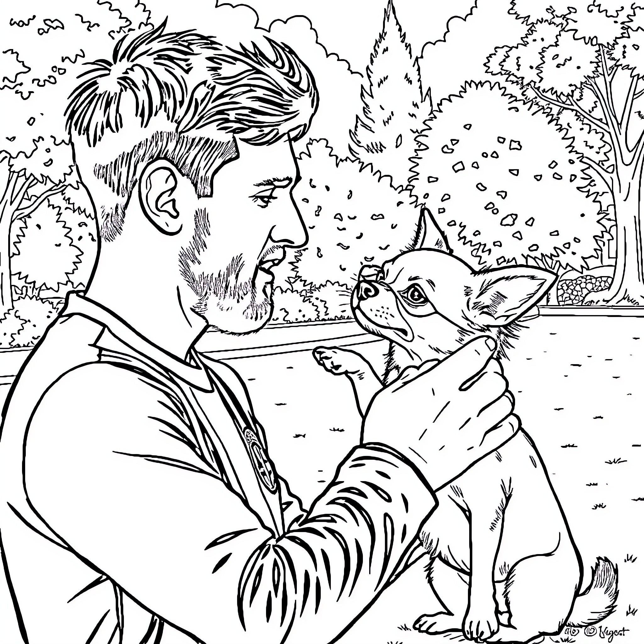 Lionel Messi petting a dog in a lush outdoor setting Coloring Page (free black-and-white line drawing printable PDF for all, from beginners to advanced learners, including children, teens, adults, and seniors)