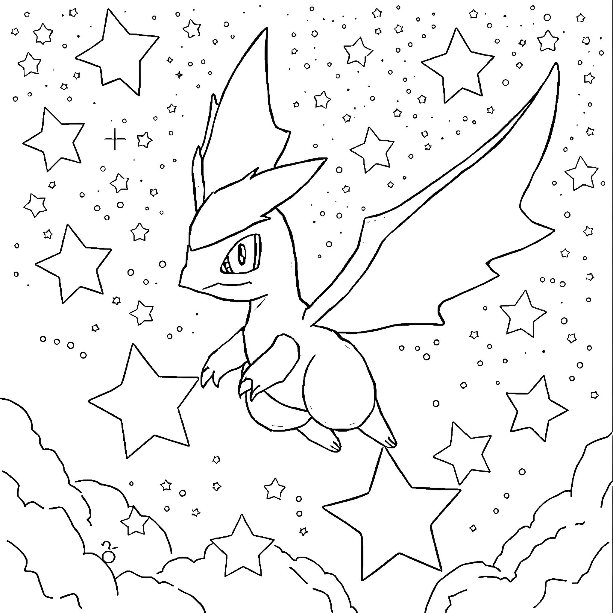 Kyurem soaring through a starry night sky Coloring Page (free black-and-white line drawing printable PDF for all, from beginners to advanced learners, including children, teens, adults, and seniors)