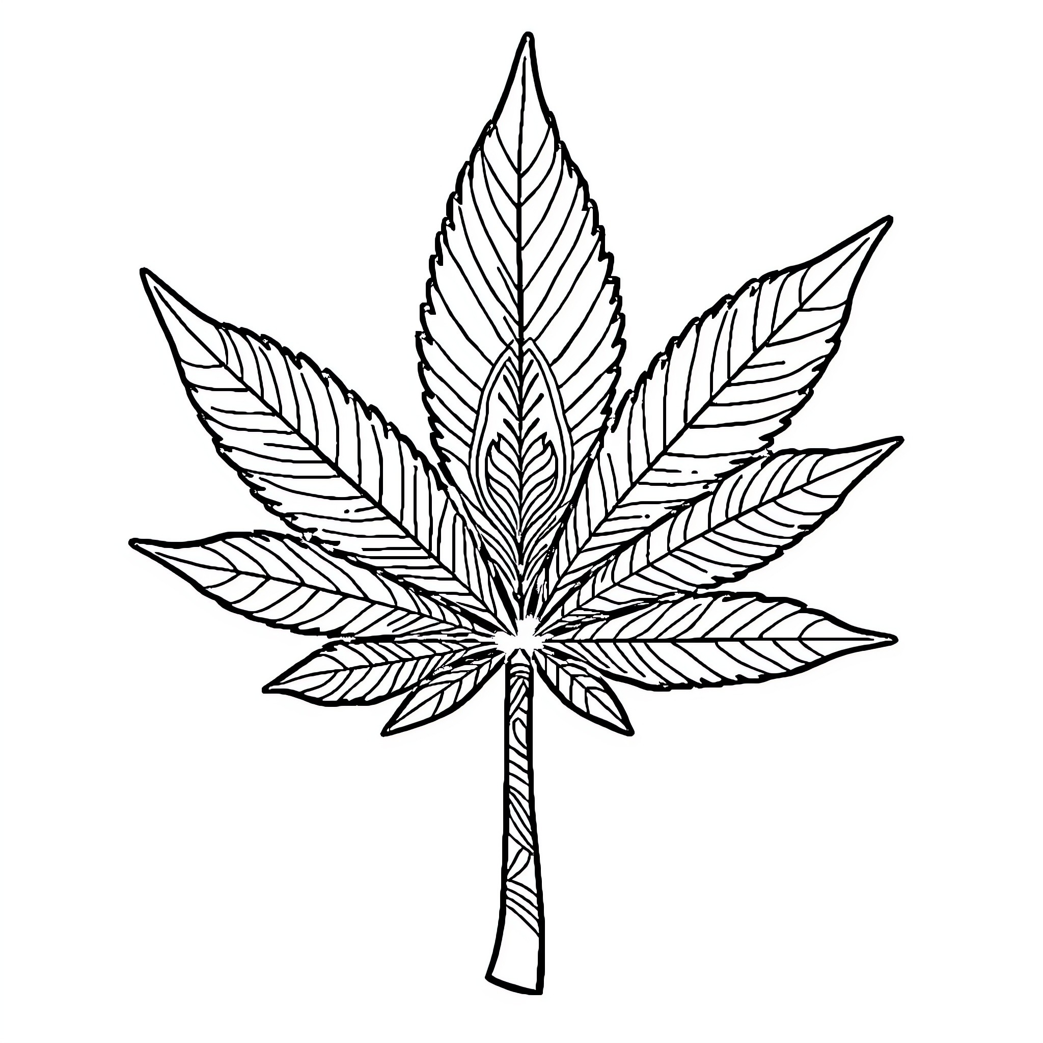 Cannabis Leaf with Intricate Linework Design Coloring Page (free black-and-white line drawing printable PDF for all, from beginners to advanced learners, including children, teens, adults, and seniors)