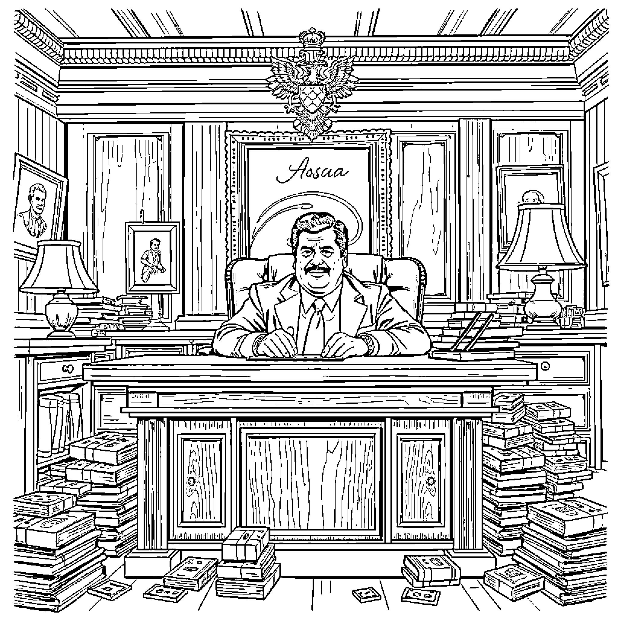 Pablo Escobar at his desk in a lavish office Coloring Page (free black-and-white line drawing printable PDF for all, from beginners to advanced learners, including children, teens, adults, and seniors)