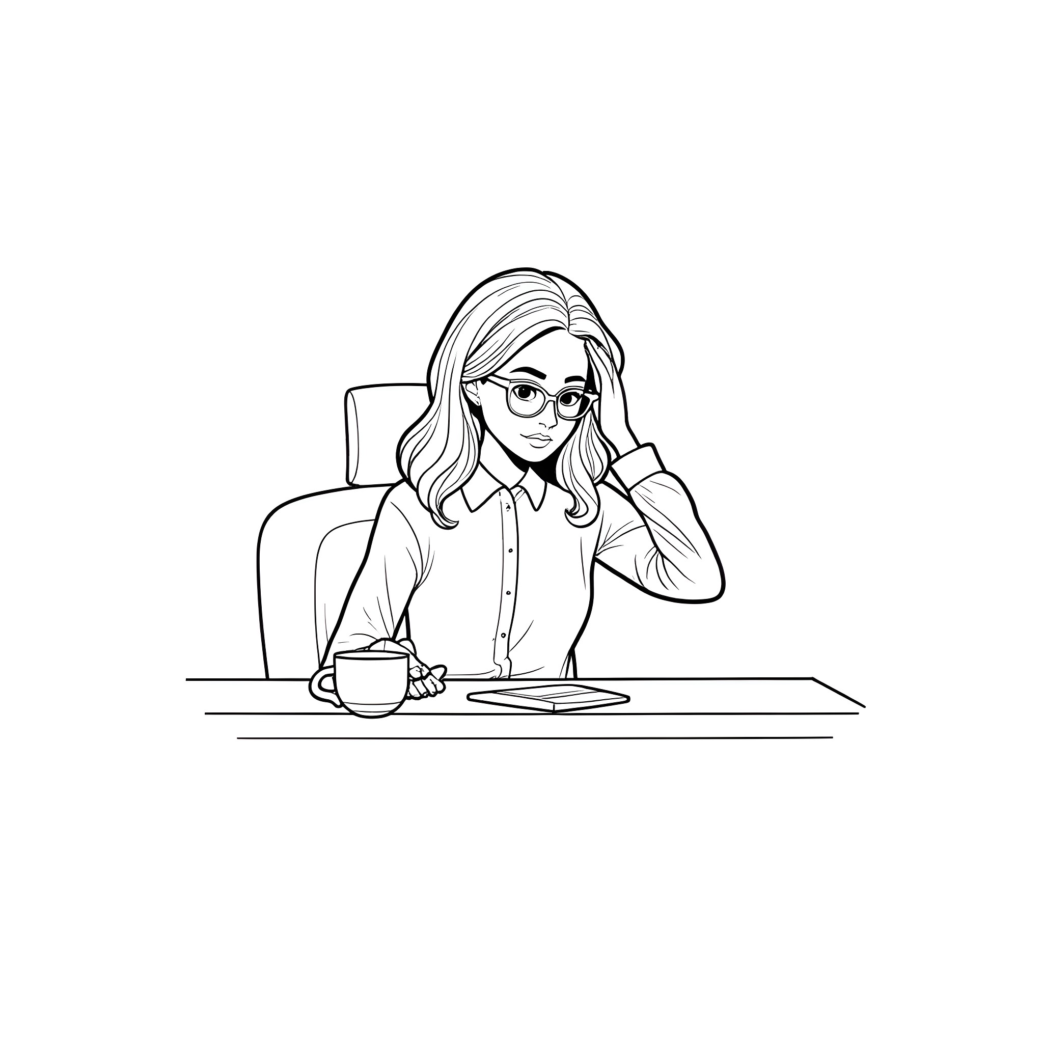 Woman working diligently at her desk Coloring Page (free black-and-white line drawing printable PDF for all, from beginners to advanced learners, including children, teens, adults, and seniors)